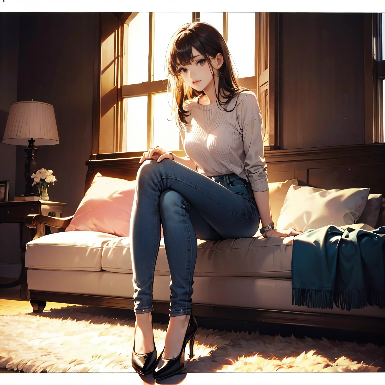 fullbody image、Woman in denim、22year old、Super beauty、delicate、a beauty girl、A slender