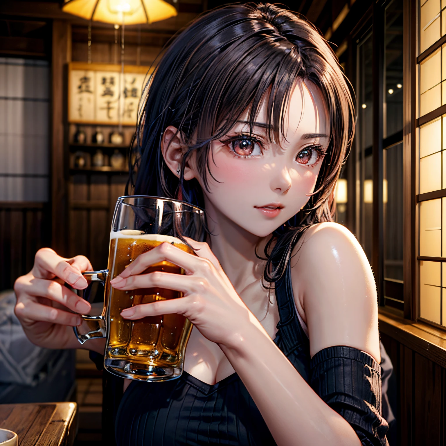 Best Quality、Raw photo、profetional lighting、Top image quality、masterpiece、Live-action depiction、The background is a real izakaya、The background is of the best quality、The background is professional lighting、a person々shines like a movie、Makes your chest look sexy、Black eyes、Asian Beauty、Kamimei、