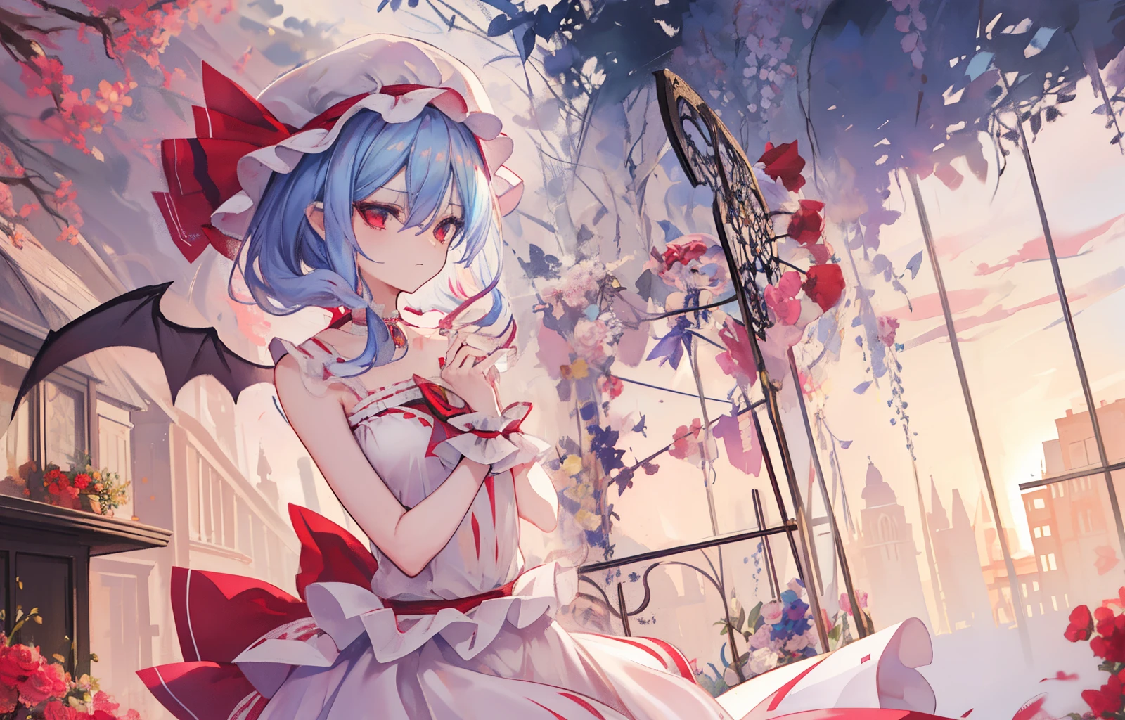 (((remilia scarlet))),(((Blue Fit and Flare Dress))) {extremely delicate and beautiful girl}, extremely delicate and beautiful girl, watercolor medium, Beautiful detailed girl, watercolor medium, Whole body, from a_Above, looking over eyeware, Beautifully painted, flat chest, girl,Woman,Female, 年轻,20 years old, absurdly long hair, {{Wavy Hair}}, {Bangs}, hair between eye, {Twin braids}, side locks, Brown hair, delicate and intricate hair, Delicate beautiful face, embarrassed, up looking_Away, Closed_Mouth, Delicate arm and  hands, {Medium_breasts}, blond eyes, {Mottled sunlight on her}, Detailed background,