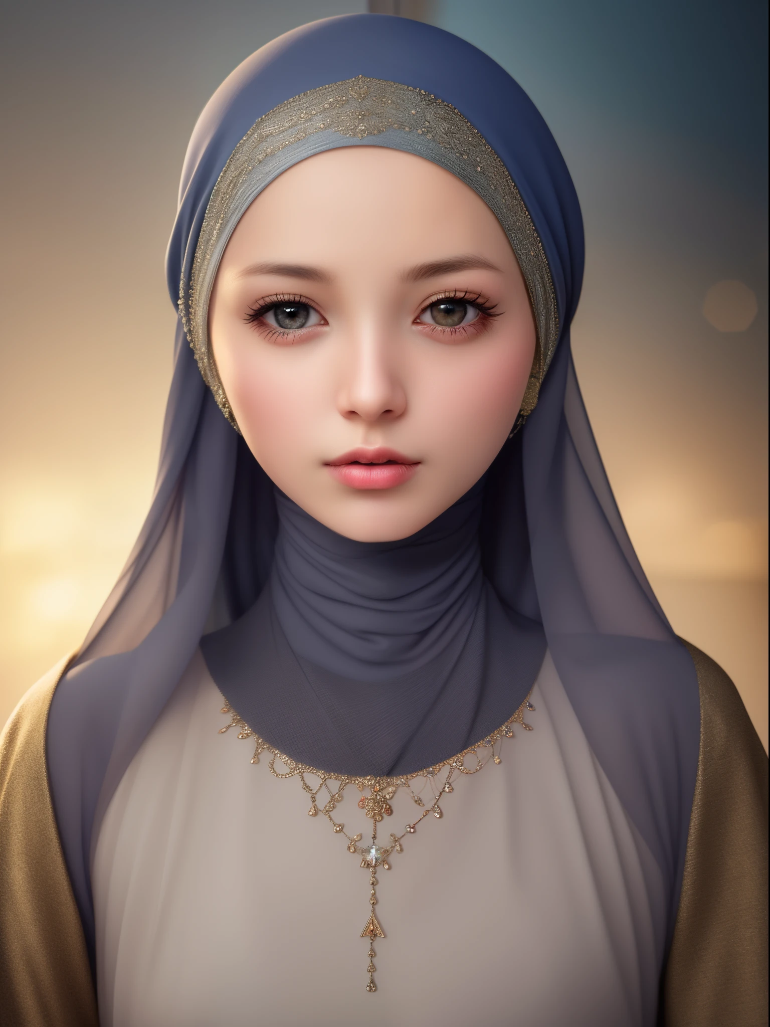 best quality, masterpiece, highres, moslem female dress, necklace, Beautiful face, upon body, tyndall effect, photorealistic, dark studio, rim lighting, two tone lighting, 8k uhd, dslr, soft lighting, high quality, volumetric lighting, candid, Photograph, high resolution, 4k, 8k, Bokeh, (hyperrealistic girl), (illustration), (high resolution), (extremely detailed), (best illustration), (beautiful detailed eyes), (best quality), (ultra-detailed), (masterpiece), (wallpaper), (photorealistic), (natural light), (rim lighting), (detailed face), (high detailed realistic skin texture), (anatomically correct), (solo), (1 girl), (heterochromic eyes), (detailed eyes), (sparkling eyes), (long legs), (big breasts), (dynamic pose), (closed tiny mouth:1.3), (concentrated expression), (wearing hijab:1.4), moslem headscarf.
