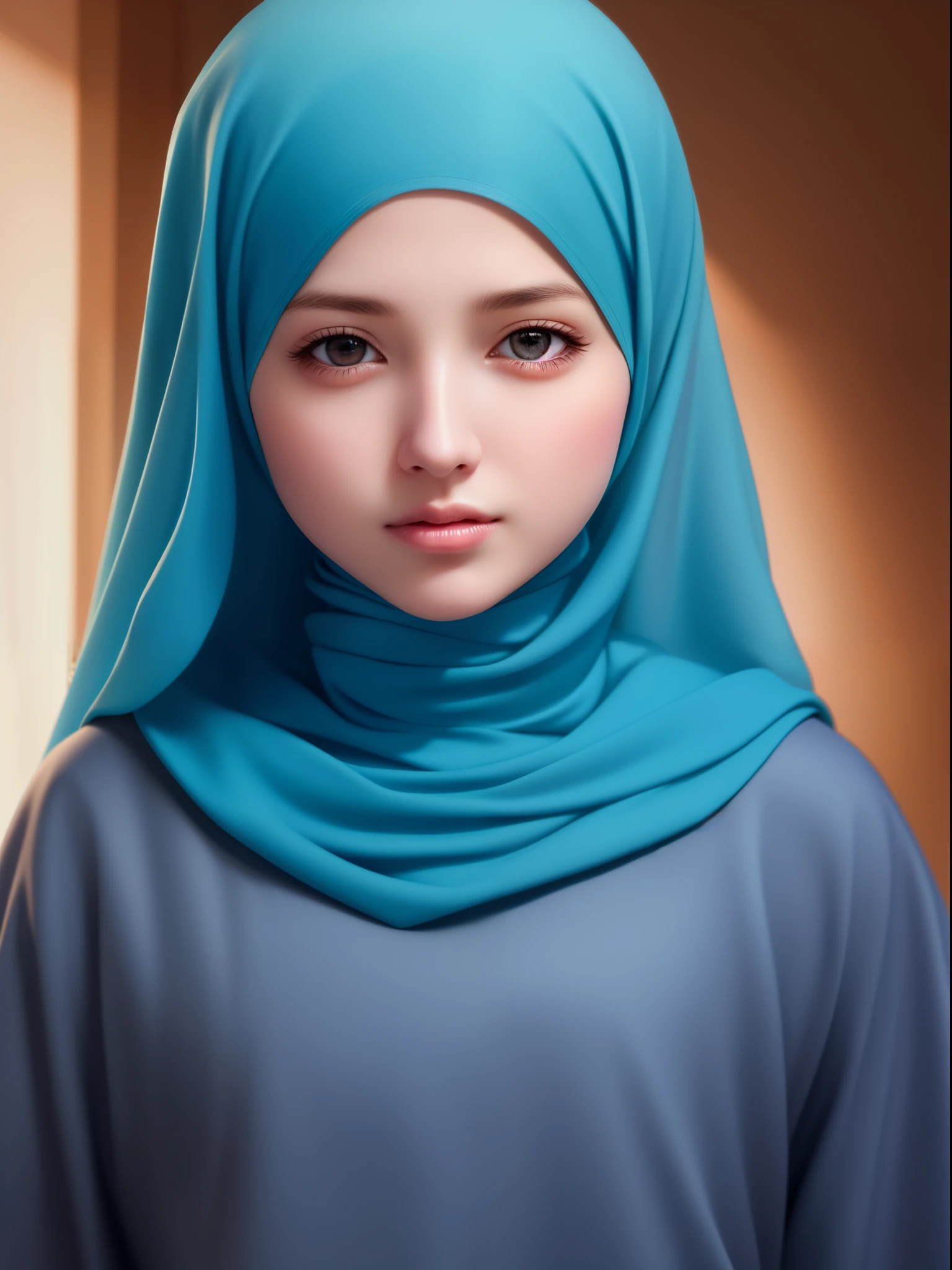 best quality, masterpiece, highres, moslem female dress, necklace, Beautiful face, upon body, tyndall effect, photorealistic, dark studio, rim lighting, two tone lighting, 8k uhd, dslr, soft lighting, high quality, volumetric lighting, candid, Photograph, high resolution, 4k, 8k, Bokeh, (hyperrealistic girl), (illustration), (high resolution), (extremely detailed), (best illustration), (beautiful detailed eyes), (best quality), (ultra-detailed), (masterpiece), (wallpaper), (photorealistic), (natural light), (rim lighting), (detailed face), (high detailed realistic skin texture), (anatomically correct), (solo), (1 girl), (heterochromic eyes), (detailed eyes), (sparkling eyes), (long legs), (big breasts), (dynamic pose), (closed tiny mouth:1.3), (concentrated expression), (wearing hijab:1.4), moslem headscarf.