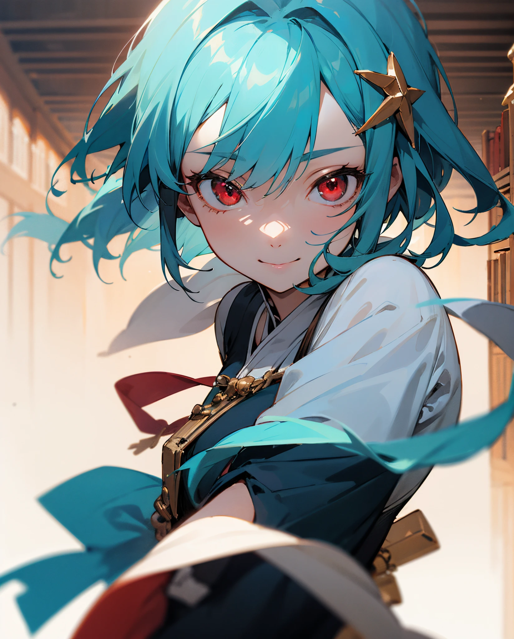 ultra-detailliert、Undesirable things are easy negatives、anime illustrated、2D beautiful girl masterpiece、top-quality、超A high resolution、animesque、teens girl、Blue hair、short-haired、Beautiful red eyes、The clothes are also depicted in detail、Eyes are depicted in detail、The face is depicted in detail、The background is a bright library、sorcerer、soio、Gentle smile、hair adornments、animesque、illustratio