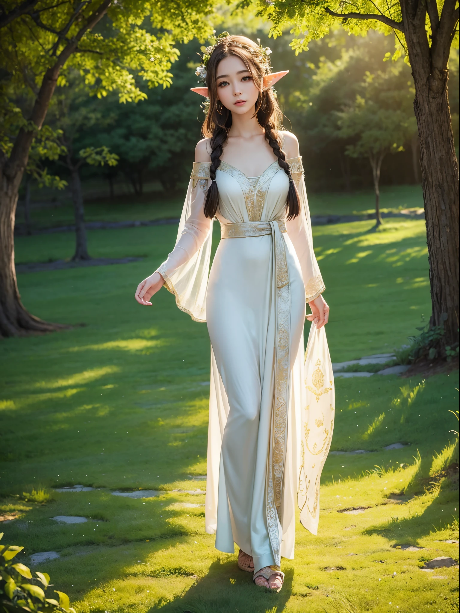 Graceful elven girl standing in meadow, Delicate face illuminated by the soft light of the setting sun. Her long, Flowing hair runs down your back, Decorated with intricate braids、Adorned with sparkling gemstones. This great photo is、、、It captures the ethereal beauty of elves. Slender figure in silk dress、Swaying in the soft steppe breeze. Attention to detail、Face that is、Face that is、Face that is、Face that is、Face that is、Face that is、It is evident in the intricate patterns of the dress and the subtle highlights of the luminescence. skin. The breathtaking portrayal of the elven girl is、、、、、、、Create an enchanting atmosphere、It invites the viewer to a magical world.