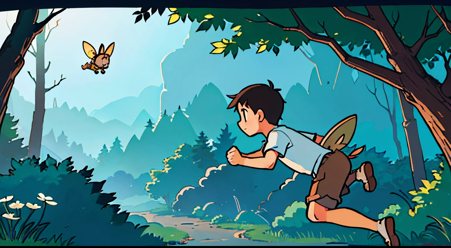 Picture book-like drawings、The boy lost in the forest is wearing a T-shirt and brown shorts、Flying rabbits and colorful fairies、Adventures with magical animals、The atmosphere in the forest is very scary