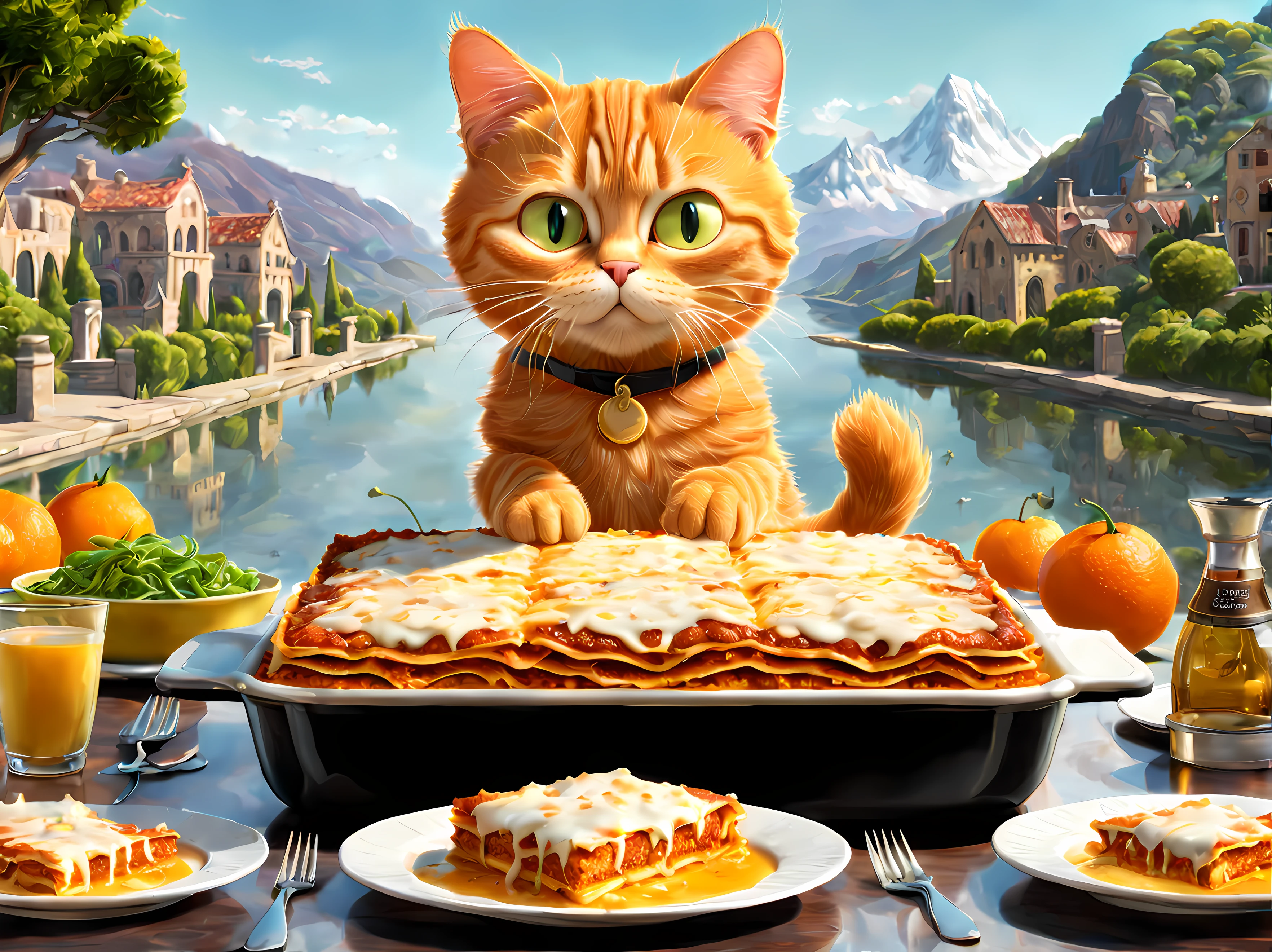 (symmetrical:1.3), (solo:1.3), (Garfield), the iconic orange tabby, finds himself in a lasagna paradise, epic fantasy scenery, masterpiece, 4k, highly detailed, shiny masterpiece, 4k, highly detailed, shiny