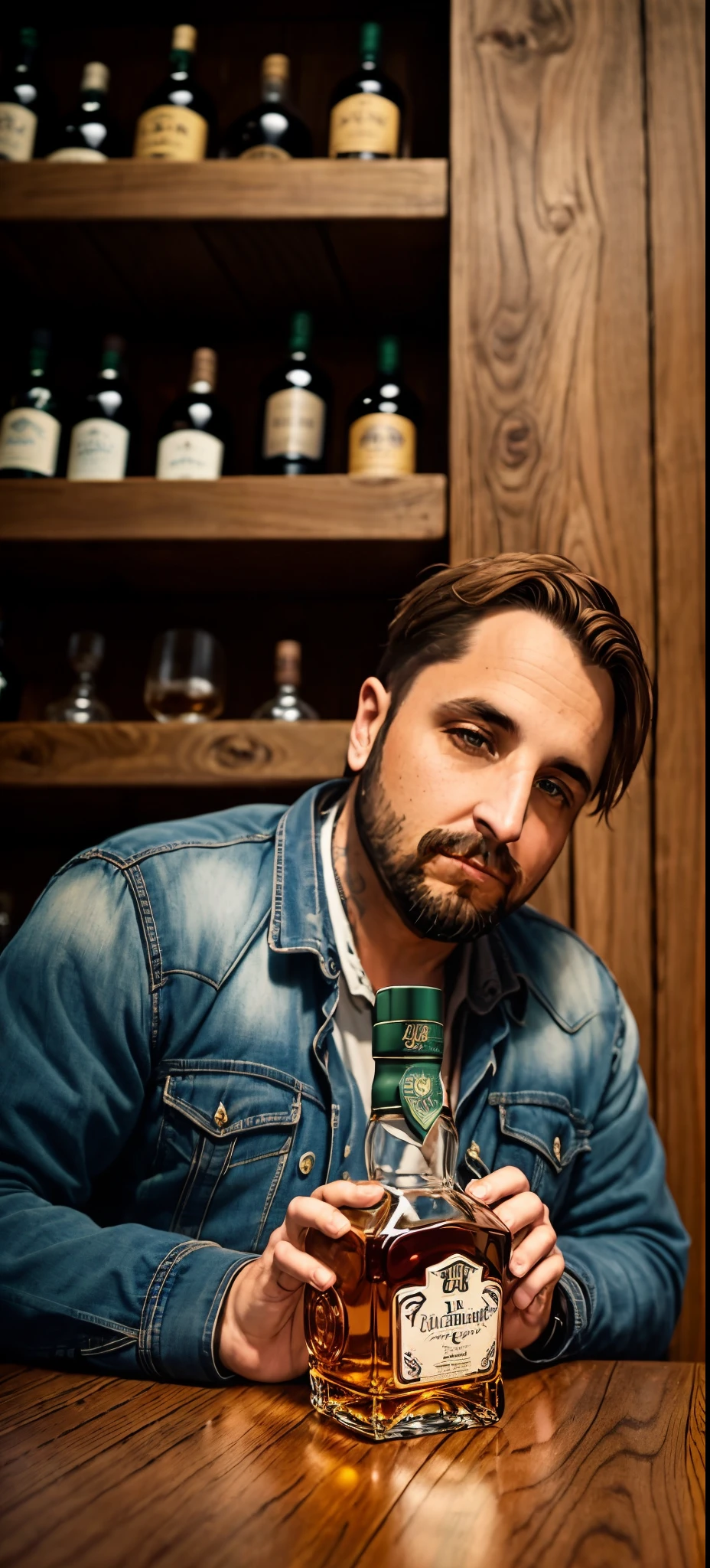 there is a man sitting at a table with a bottle of liquor, very fancy whiskey bottle, fancy whiskey bottle, drinking whiskey, portrait of an alcoholic, whiskey bottle, drinking a glass of whiskey, by Jan Rustem, shot on nikon d 3 2 0 0, shot on sony alpha dslr-a300, shot with canon 5 d mark ii, portrait shot