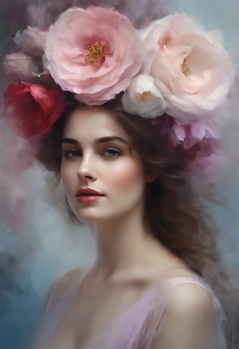 1girl,Flor, Lisianthus ,En el estilo de rosa claro y azul claro, dreamy and romantic compositions, pale pink, ethereal foliage, playful arrangements,fantasy, alto contraste, ink strokes, Explosiones, over exposure, purple and red tone impression , abstracto, ((acuarela de John Berkey y Jeremy Mann )) Pinceladas, espacio negativo,