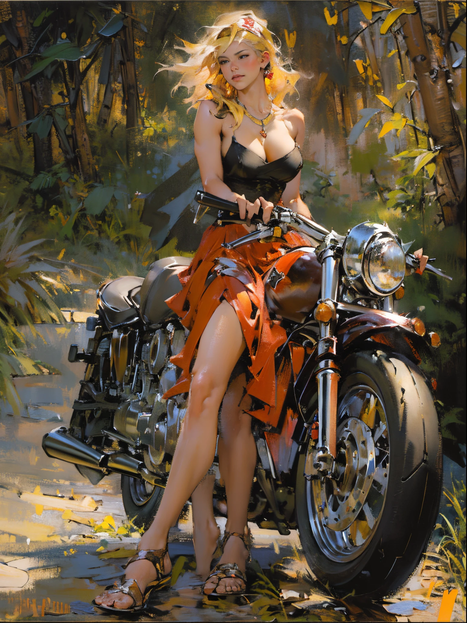 Confident blonde， ((Stand in front of the motorcycle)), ((Ride on a Harley motorcycle))，（Girls wear：red head band, cloaks, big bust bra, a skirt, red long skirt，laced dress，Carrying a basket of fruit），Exquisite jewelry，耳Nipple Ring，Background with：Jungle trails，freeway，There are dense woods on the roadside，，((Sexual suggestiveness))，Correct anatomy，详细的脸, 詳細な目，(post impressionist),(Fechin Oil Painting - Fechin Oil Painting , oil painted), 01