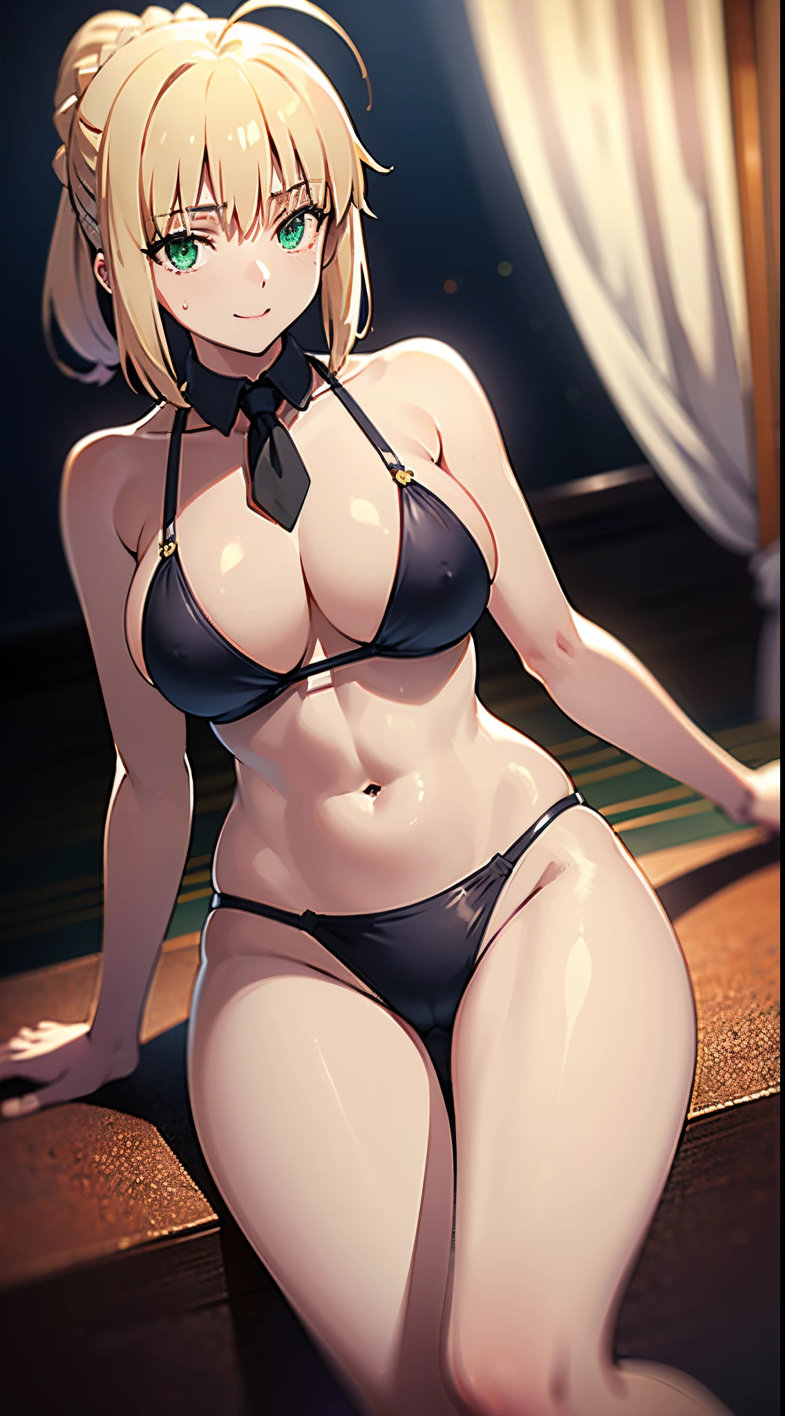 NSFW、artoria、Saber Altria、rich Boobs、Colossal tits、Chignonhair、a blond、Green eyes,adult lady、a matural female、(masutepiece、of the highest quality、Best Quality)、reallistic、Smile embarrassedly、Vegas Casinos、sexy swimwear、Revue swimwear、Swimwear with less fabric、Navel costume、neck tie、Sai High Knee Socks、Sleeveless、Erotic body shape、
