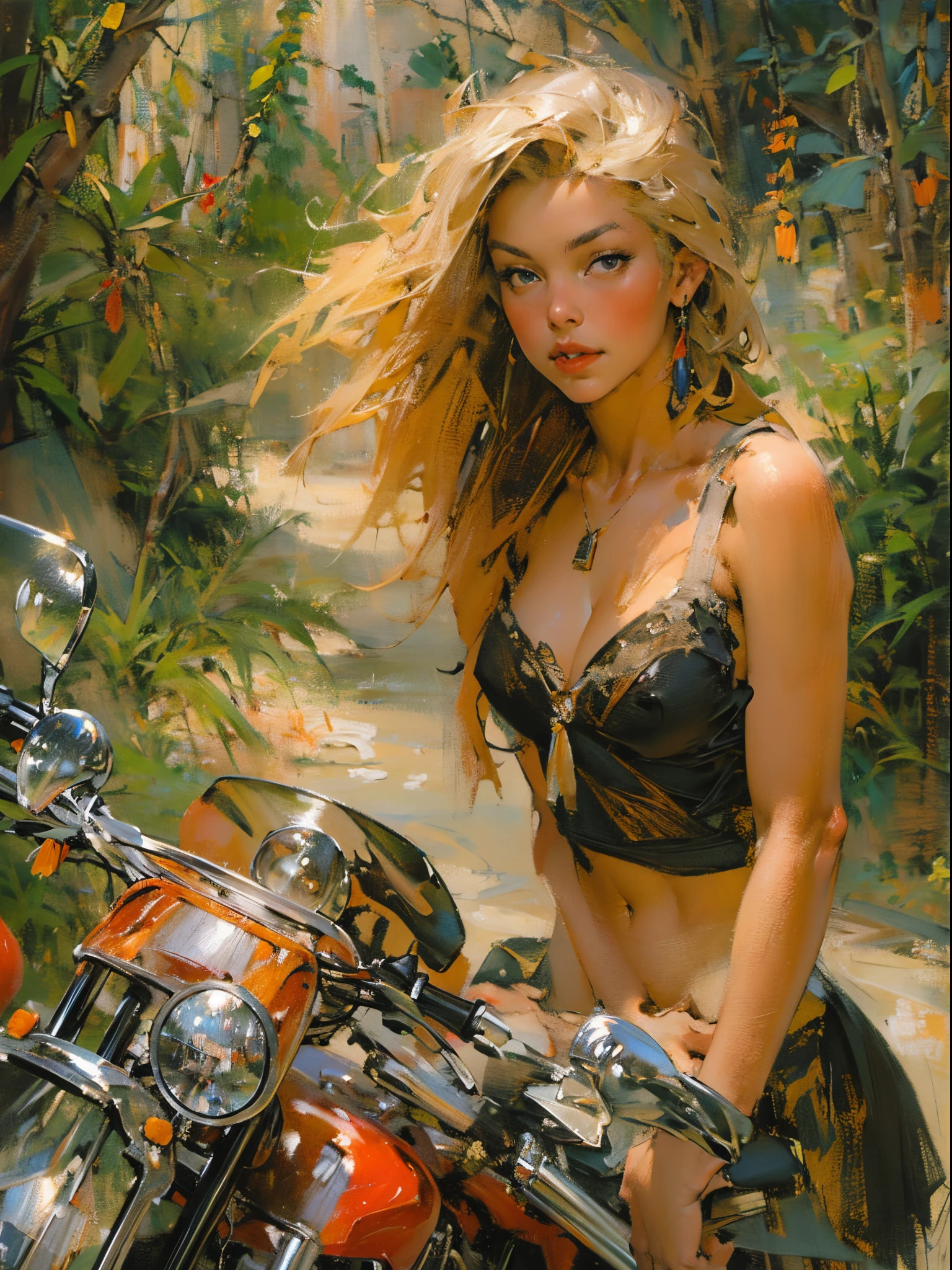 Confident blonde, ((Stand in front of the motorcycle)), ((Ride on a Harley motorcycle)),(Girls wear:red head band, cloaks, big bust bra, a skirt, red long skirt,laced dress,Carrying a basket of fruit),Exquisite jewelry,耳Nipple Ring,Background with:Jungle trails,freeway,There are dense woods on the roadside,,((Sexual suggestiveness)),Correct anatomy,详细的脸, 詳細な目,(post impressionist),(Fechin Oil Painting - Fechin Oil Painting , oil painted), 0