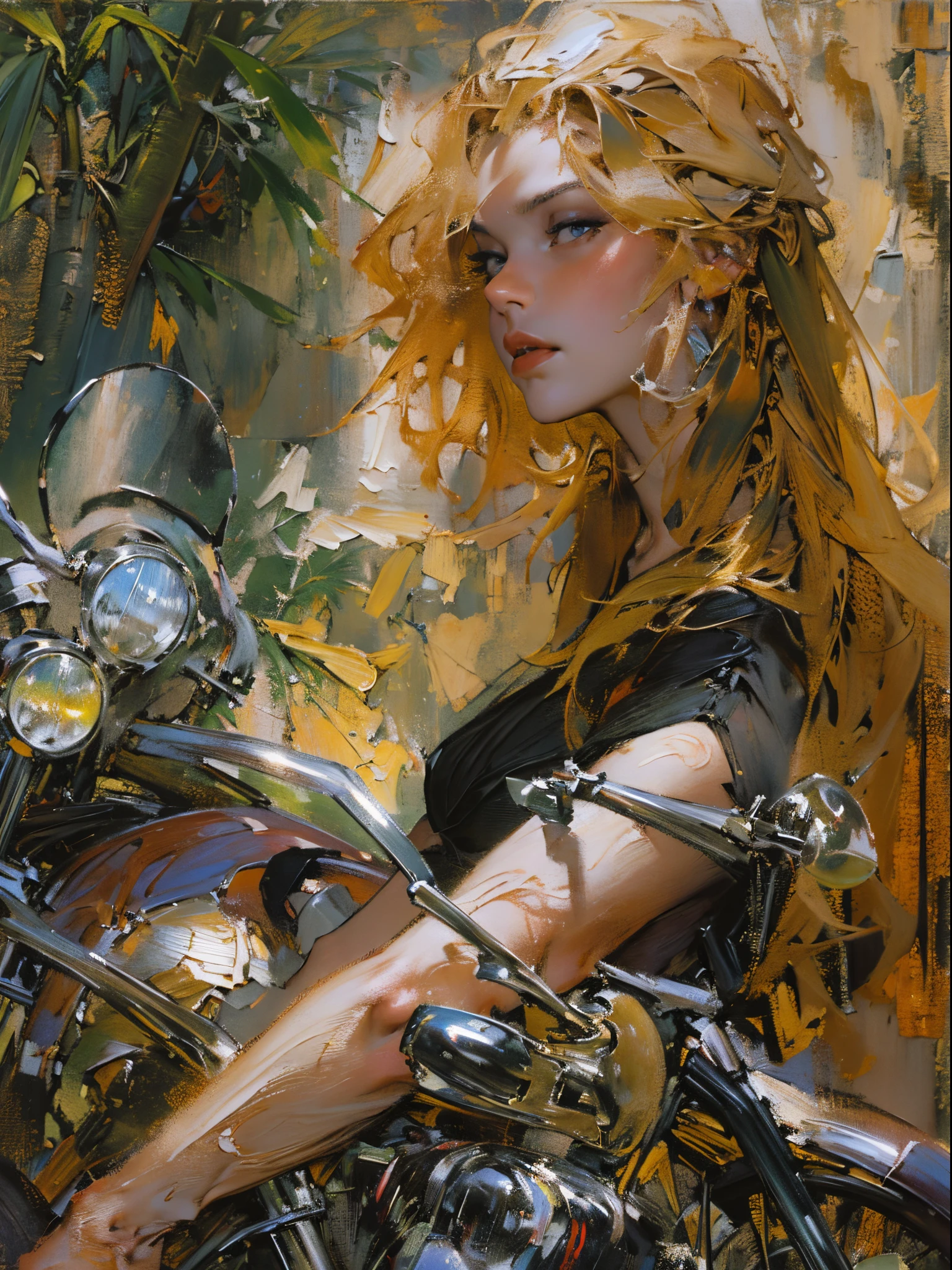 Confident blonde， ((Stand in front of the motorcycle)), ((Ride a Harley motorcycle))，（Girls wear：red head band, cloaks, Large bra, a skirt, red long skirt，laced dress，Carrying a basket of fruit），fine jewelry，ear nipple ring，Background with：Jungle trails，freeway，There are dense woods on the roadside，，((Sexual suggestiveness))，Correct anatomy，Detailed faces, 詳細な目，(post impressionist),(Fechin Oil Painting - Fechin Oil Painting , oil painted), 0