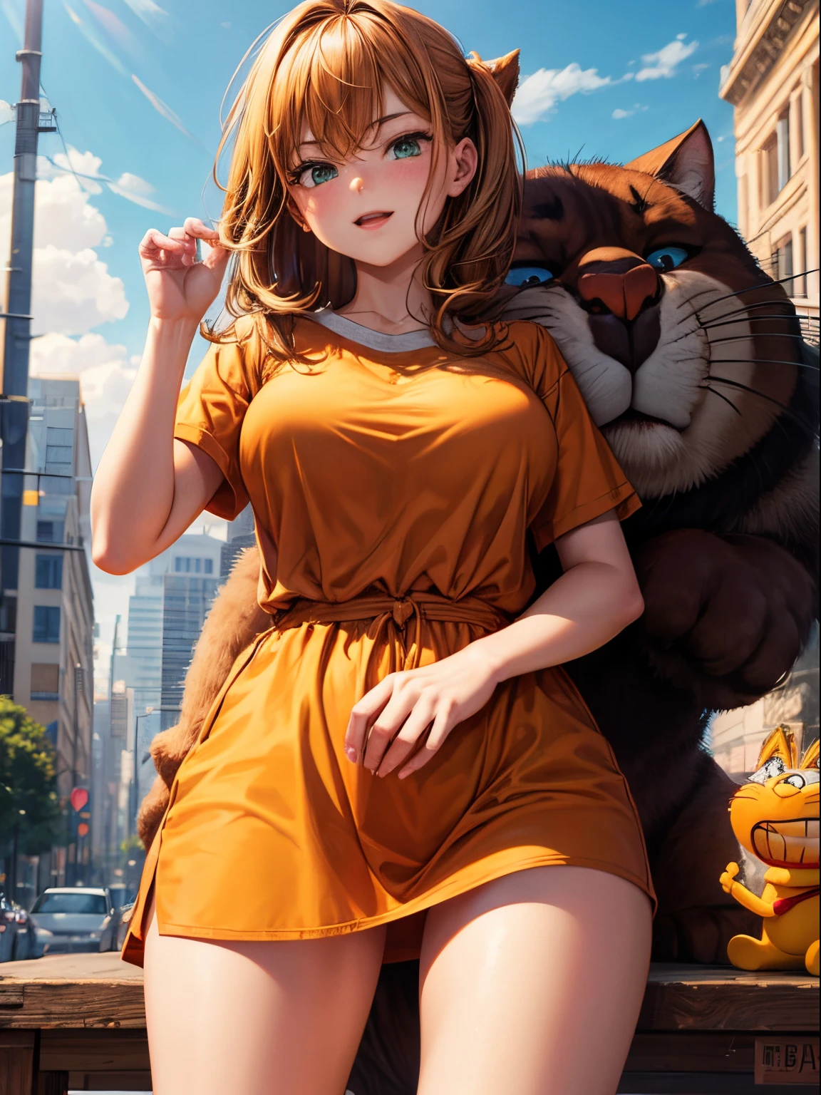 Garfield holding girl, masterpiece, best quality, super detail