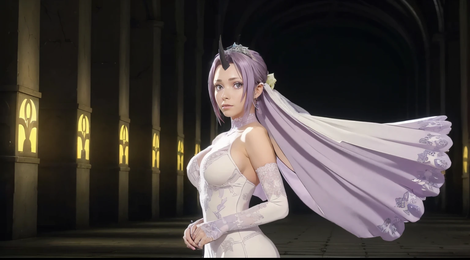in a dark room with columns and lights behind her, Standing, at attention, white_dress,wedding_dress,bridal_veil,bare_shoulders,elbow_gloves, single_horn,demon horn, purple_hair,purple_eyes,rose, 1 girl, 20yo,mature female,Beautiful Finger,Beautiful long legs,Beautiful body,Beautiful Nose,Beautiful character design, perfect eyes, perfect, upper body