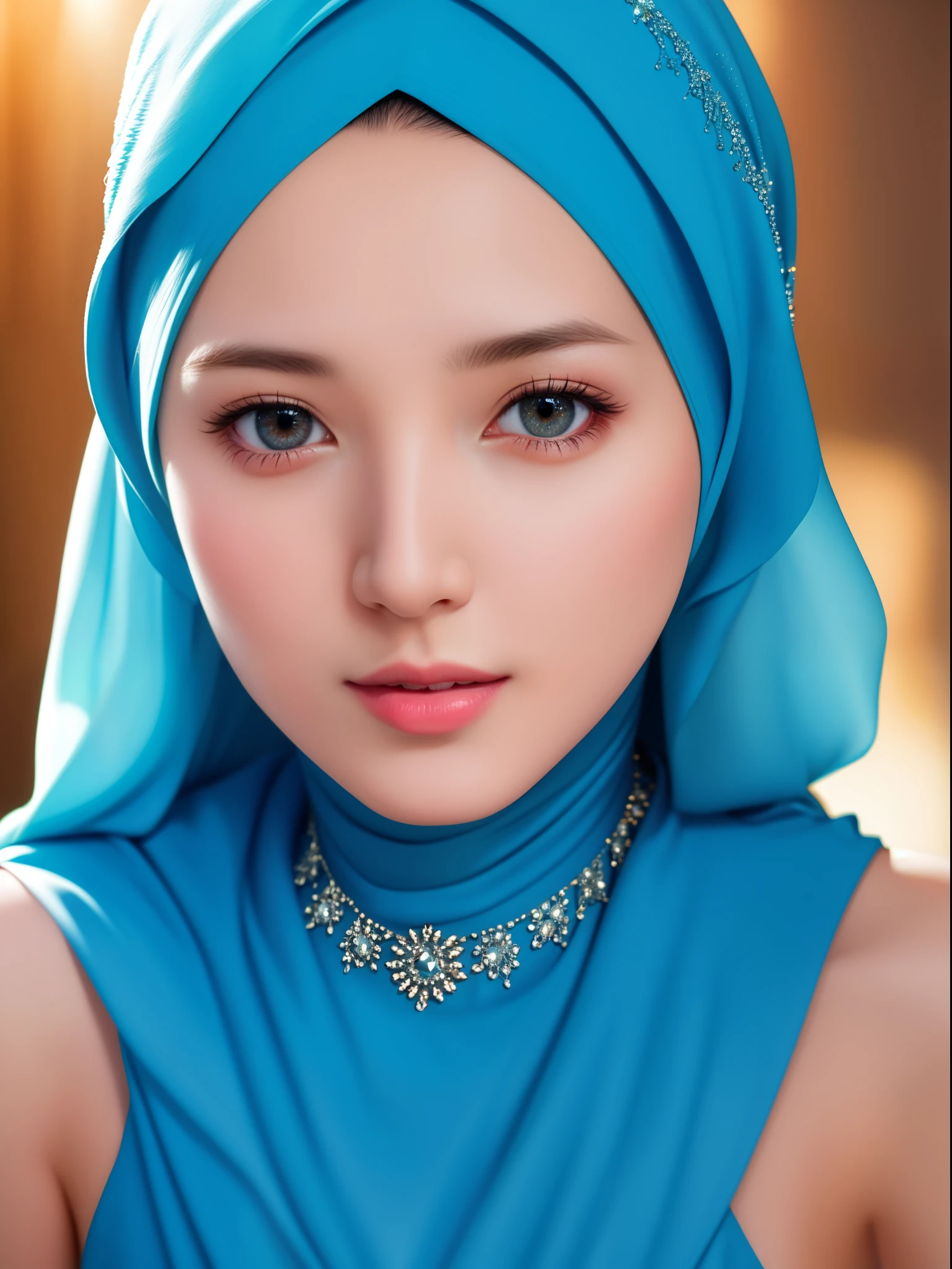 best quality, masterpiece, highres, moslem female dress, necklace, Beautiful face, upon body from head to wrist, tyndall effect, photorealistic, dark studio, rim lighting, two tone lighting, 8k uhd, dslr, soft lighting, high quality, volumetric lighting, candid, Photograph, high resolution, 4k, 8k, Bokeh, (hyperrealistic girl), (illustration), (high resolution), (extremely detailed), (best illustration), (beautiful detailed eyes), (best quality), (ultra-detailed), (masterpiece), (wallpaper), (photorealistic), (natural light), (rim lighting), (detailed face), (high detailed realistic skin texture), (anatomically correct), (solo), (1 girl), (heterochromic eyes), (detailed eyes), (sparkling eyes), (long legs), (big breasts), (dynamic pose), (closed tiny mouth:1.3), (concentrated expression), (wearing hijab:1.4), moslem headscarf.