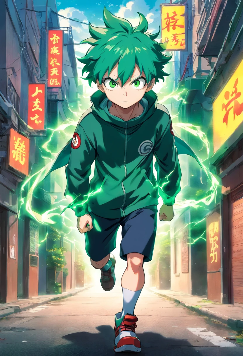 Best Quality, Masterpiece, My hero academia art style, boy, green hair, emerald green eyes, enchanting, U.A. hero student, visible green aura resonating from body, walking down, ruined streets, face covered by mask, green lightning surging from eyes, amazing yet edgy torn up hero costume, dark and solemn expression