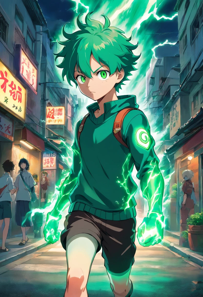 Best Quality, Masterpiece, My hero academia art style, boy, green hair, emerald green eyes, enchanting, U.A. hero student, visible green aura resonating from body, walking down, ruined streets, face covered by mask, green lightning surging from eyes, amazing yet edgy torn up hero costume, dark and solemn expression