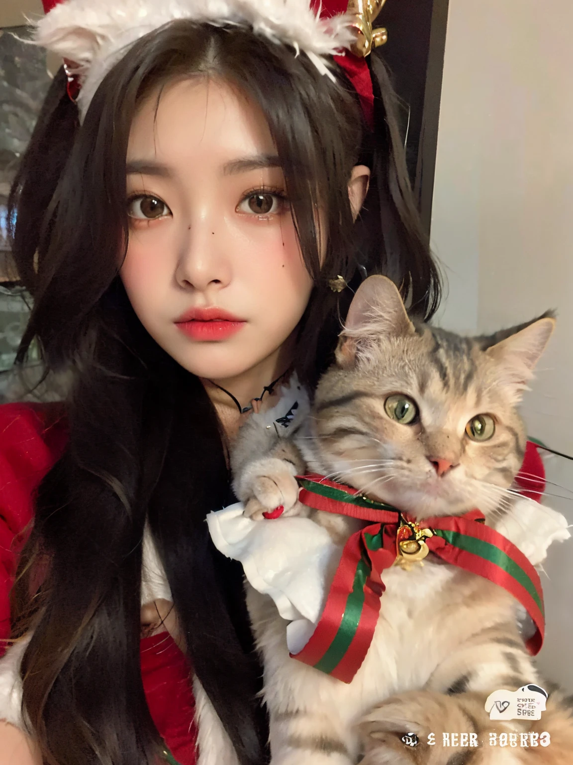 araffe with a cat with a Christmas hat and bow, muy hermosa linda catgirl, ulzzang, Lalisa Manobal, Nixeu y Sakimichan, Sakimichan, Atractiva chica gato, Hermosa Delphine, gato - como ojos escarlata, Lalisa Manoban de Blackpink, Jaeyeon Nam, Sakimi Chan