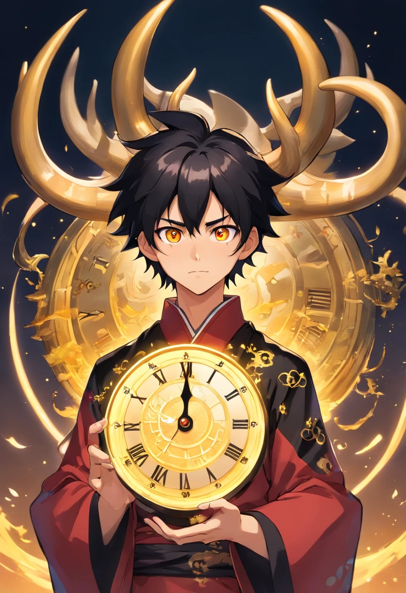male, full body portrait, otherworldly, demon, antler like protrusions coming from head, black spikey hair, bright gold eyes representing time in the form of a clocks, edgy appearance, young, extremely tall and thin, demon slayer anime art, wearing normal yukata with gold and black colors