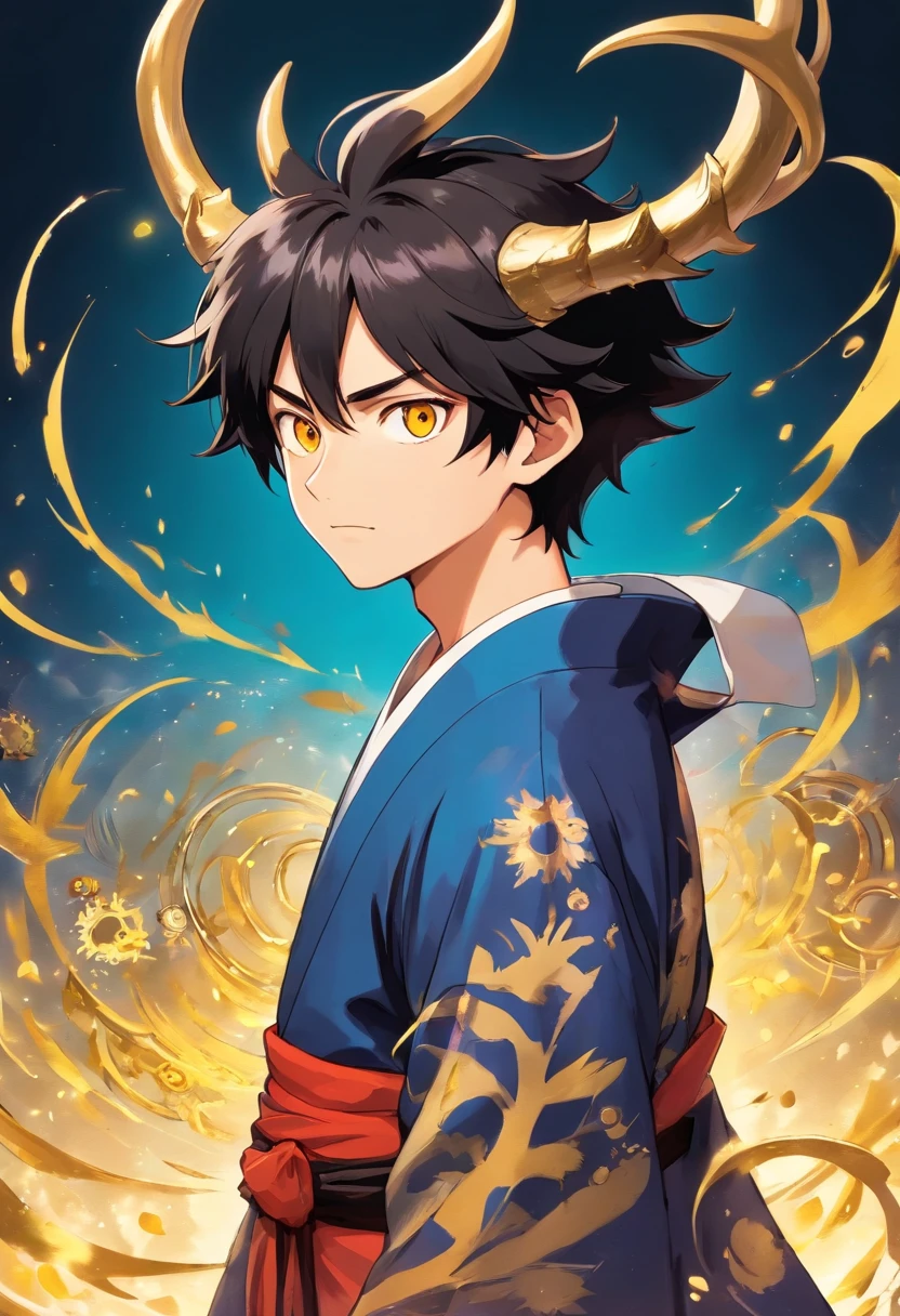 male, full body portrait, otherworldly, demon, antler like protrusions coming from head, black spikey hair, bright gold eyes representing time in the form of a clocks, edgy appearance, young, extremely tall and thin, demon slayer anime art, wearing normal yukata with gold and black colors