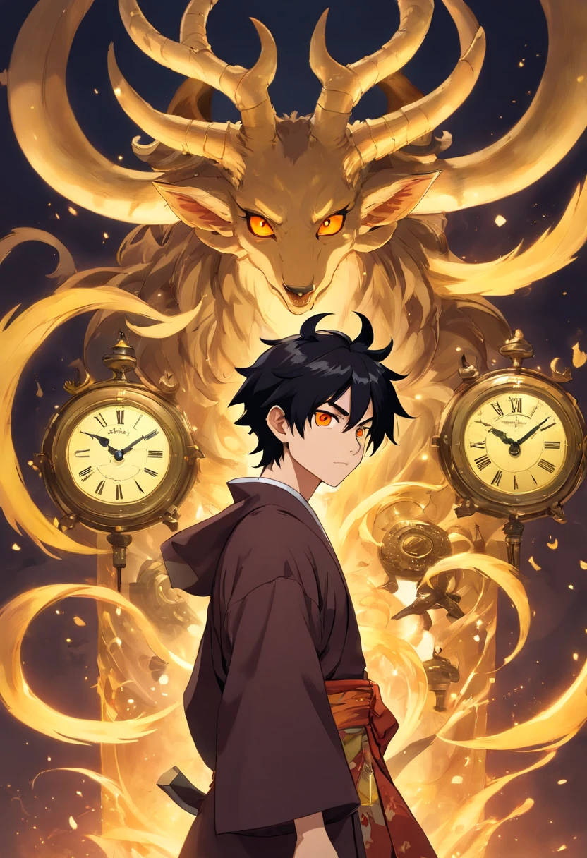 male, full body portrait, otherworldly, demon, antler like protrusions coming from head, black spikey hair, bright gold eyes representing time in the form of a clocks, edgy appearance, young, extremely tall and thin, demon slayer anime art, wearing normal yukata with gold and black colors