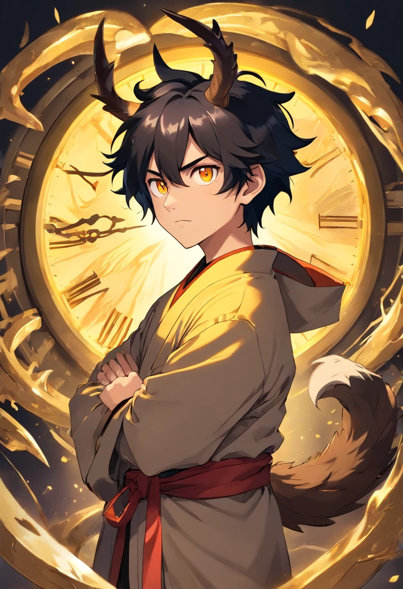 male, full body portrait, otherworldly, demon, antler like protrusions coming from head, black spikey hair, bright gold eyes representing time in the form of a clocks, edgy appearance, young, extremely tall and thin, demon slayer anime art, wearing normal yukata with gold and black colors