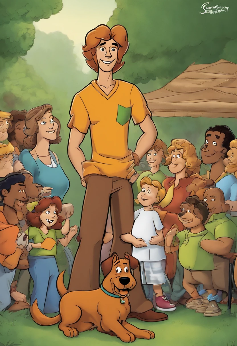 A photo of Shaggy and Scooby-Doo at a vegetarian food festival,Scooby-Doo, Where Are You!,He is a young man with a rough, patchy goatee. His signature attire consists of a baggy green V-neck T-shirt, loose maroon or brown bell-bottom pants, and black shoes.
He is tall and thin with dirty blonde hair. He is not muscular.