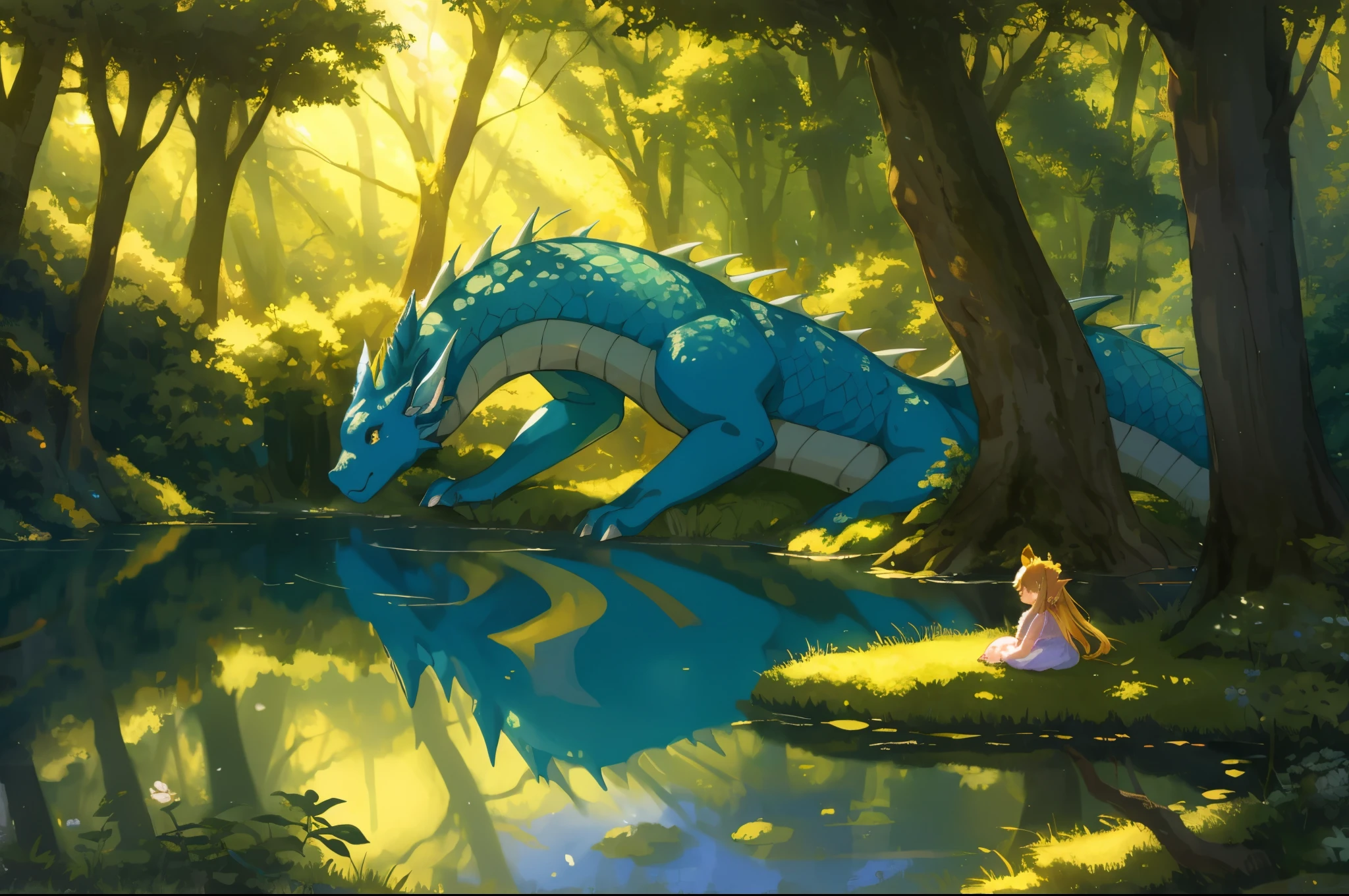 cover page, anime key visual, highres, top quality, best quality, paid reward available, High-quality illustrations, unparalleled masterpiece, perfect artwork, absurdres, Gentle scene, animated style, young girl, tenderly petting, head, body, newly hatched, baby dragon, lush forest, dense, lake, enchantment, magic, strong bond, friendship, rich colors, vibrant, magical environment, forest, lake, soft lighting, dappled, dreamlike, peaceful atmosphere, cinematic lighting,