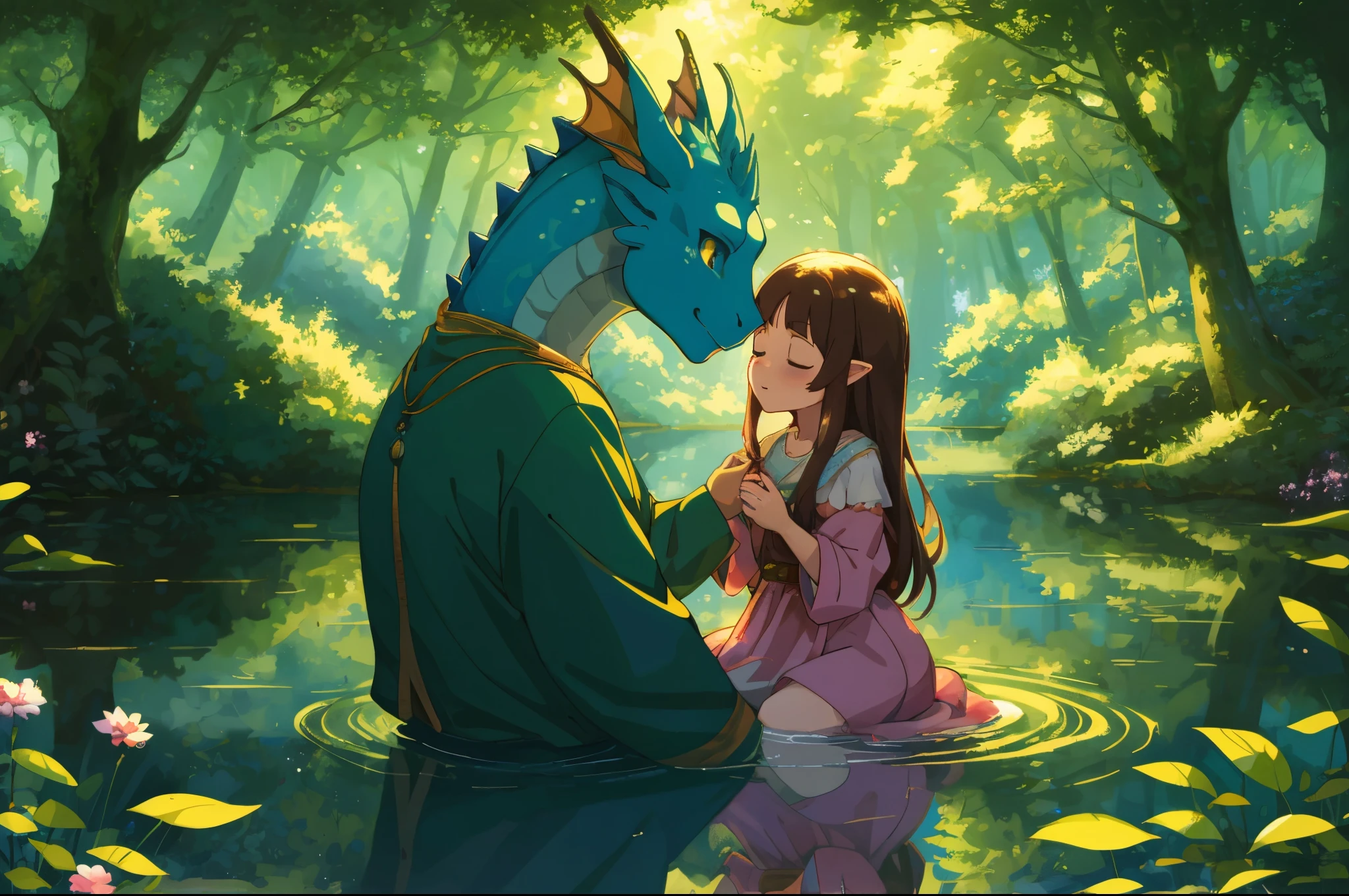 cover page, anime key visual, highres, top quality, best quality, paid reward available, High-quality illustrations, unparalleled masterpiece, perfect artwork, absurdres, Gentle scene, animated style, young girl, tenderly petting, head, body, newly hatched, baby dragon, lush forest, dense, lake, enchantment, magic, strong bond, friendship, rich colors, vibrant, magical environment, forest, lake, soft lighting, dappled, dreamlike, peaceful atmosphere, cinematic lighting,