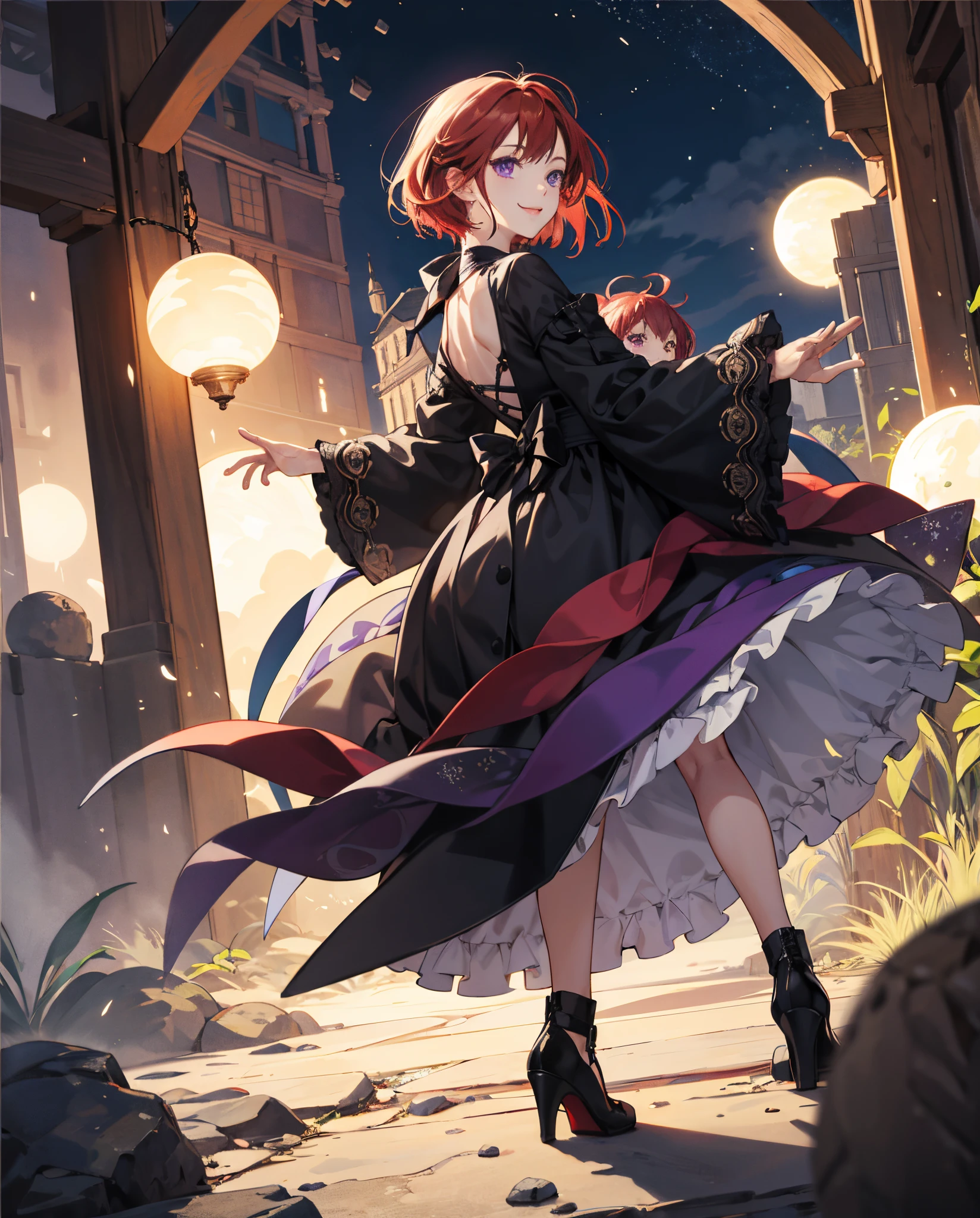 ultra-detailliert、Undesirable things are easy negatives、anime illustrated、2D beautiful girl masterpiece、top-quality、超A high resolution、animesque、s girl、Red hair、short-haired、Beautiful purple eyes、The clothes are also depicted in detail、Eyes are depicted in detail、The face is depicted in detail、The background is a crimson moonlit night with dancing orbs.、sorcerer、soio、Gentle smile、animesque、illustratio、Full body front