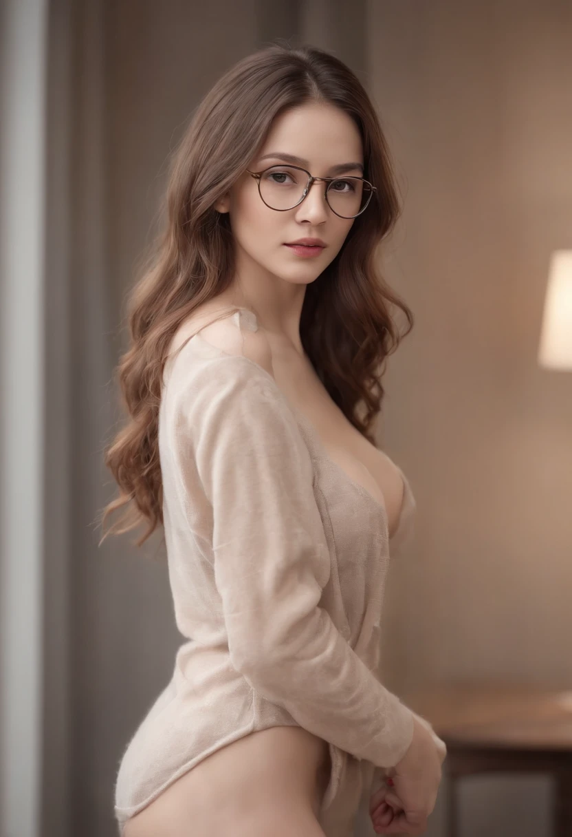 nude, (do not wear clothes), Full body, (standing), rear view, a woman looking into the camera, long wavy hair, nude, female wearing no clothing, glasses, detailed natural areolas, detailed pubic hair, detailed beautiful face, empty office background, daytime, photo realistic, CG, art station, masterpiece, HD photography