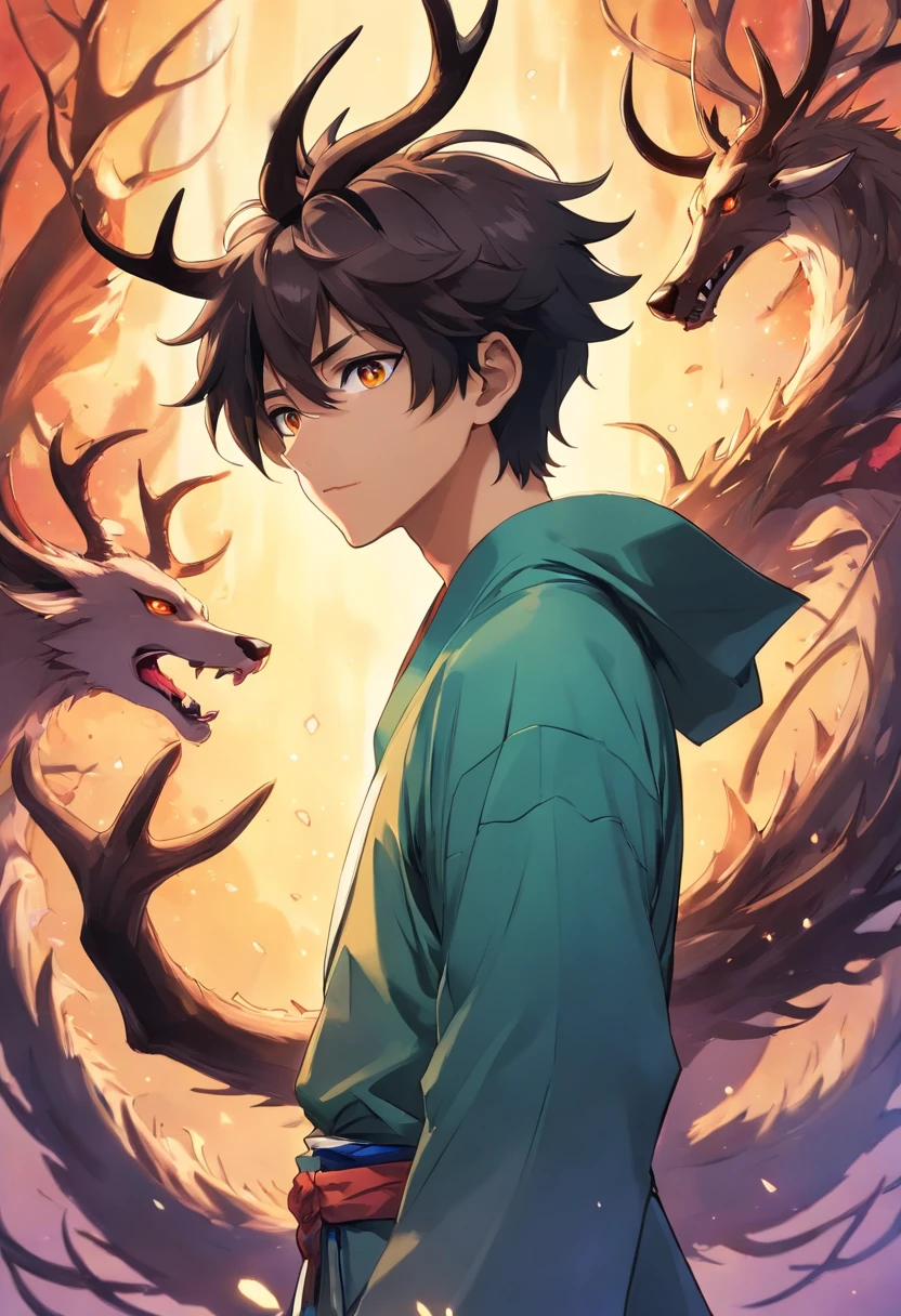 male, full body portrait, otherworldly, demon, antler like protrusions coming from head, black spikey hair, unnatural slitted bright golden eyes, edgy appearance, young, extremely tall and thin, demon slayer anime art, wearing normal yukata with gold and black colors