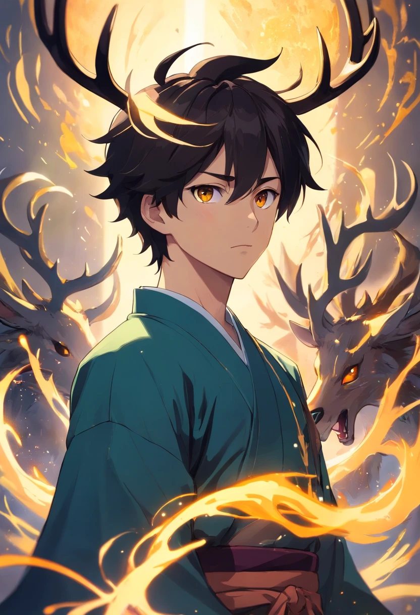male, full body portrait, otherworldly, demon, antler like protrusions coming from head, black spikey hair, unnatural slitted bright golden eyes, edgy appearance, young, extremely tall and thin, demon slayer anime art, wearing normal yukata with gold and black colors