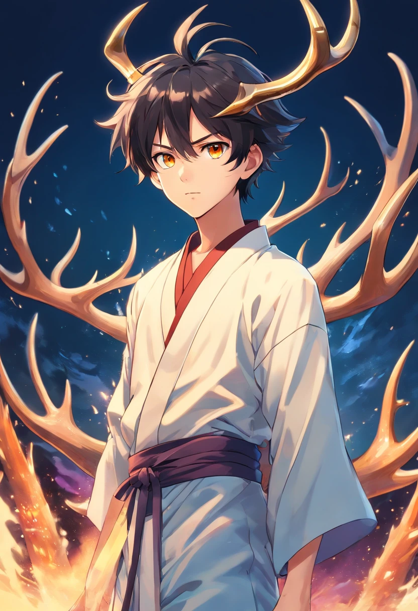 male, full body portrait, otherworldly, demon, antler like protrusions coming from head, black spikey hair, unnatural slitted bright golden eyes, edgy appearance, young, extremely tall and thin, demon slayer anime art, wearing normal yukata with gold and black colors