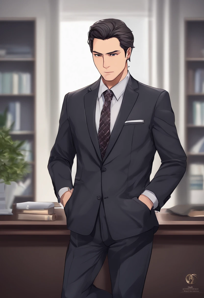 Man in a suit, salaryman,Detailed Digital Anime Art,digital anime art,High quality anime art style, masutepiece,Generate an image of a middle-aged businessman wearing a dark-colored suit and tie. His facial expression should convey a sense of frustration or disappointment, with furrowed brows, downturned lips, and a slightly clenched jaw. The background could be an office setting with desks and computers, emphasizing the professional context.