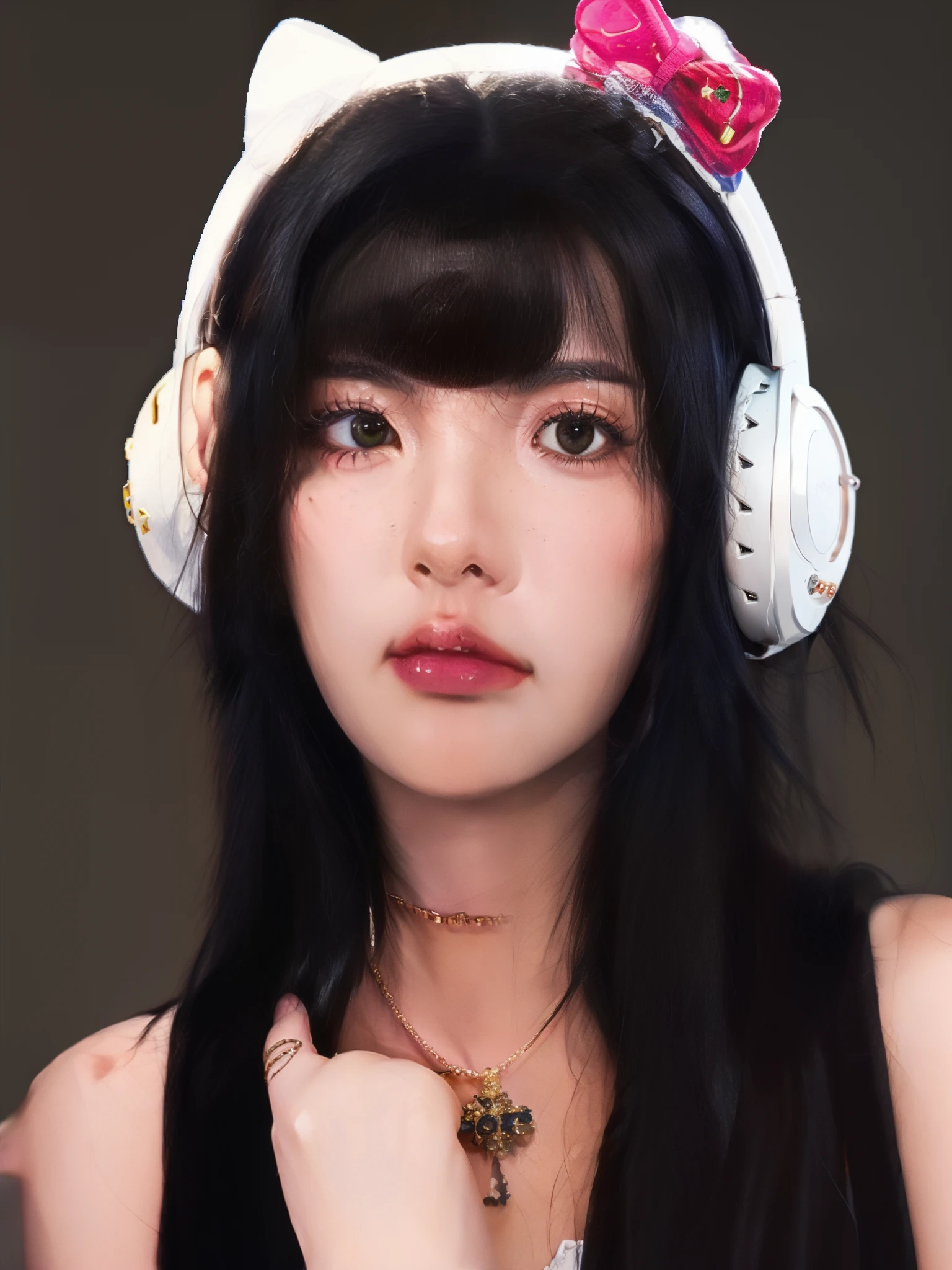 Mujer arafed con auriculares y un collar con una cruz., con auriculares, con auriculares, vibraciones de anime, ulzzang, cruel korean goth girl, Ella tiene el pelo negro con flequillo, Hermosa Delphine, 🤤 girl portrait, con auriculares negros, Retrato realista kawaii, Usar auriculares para la oreja de gato, Chica de anime en la vida real, whitebangsblackhair