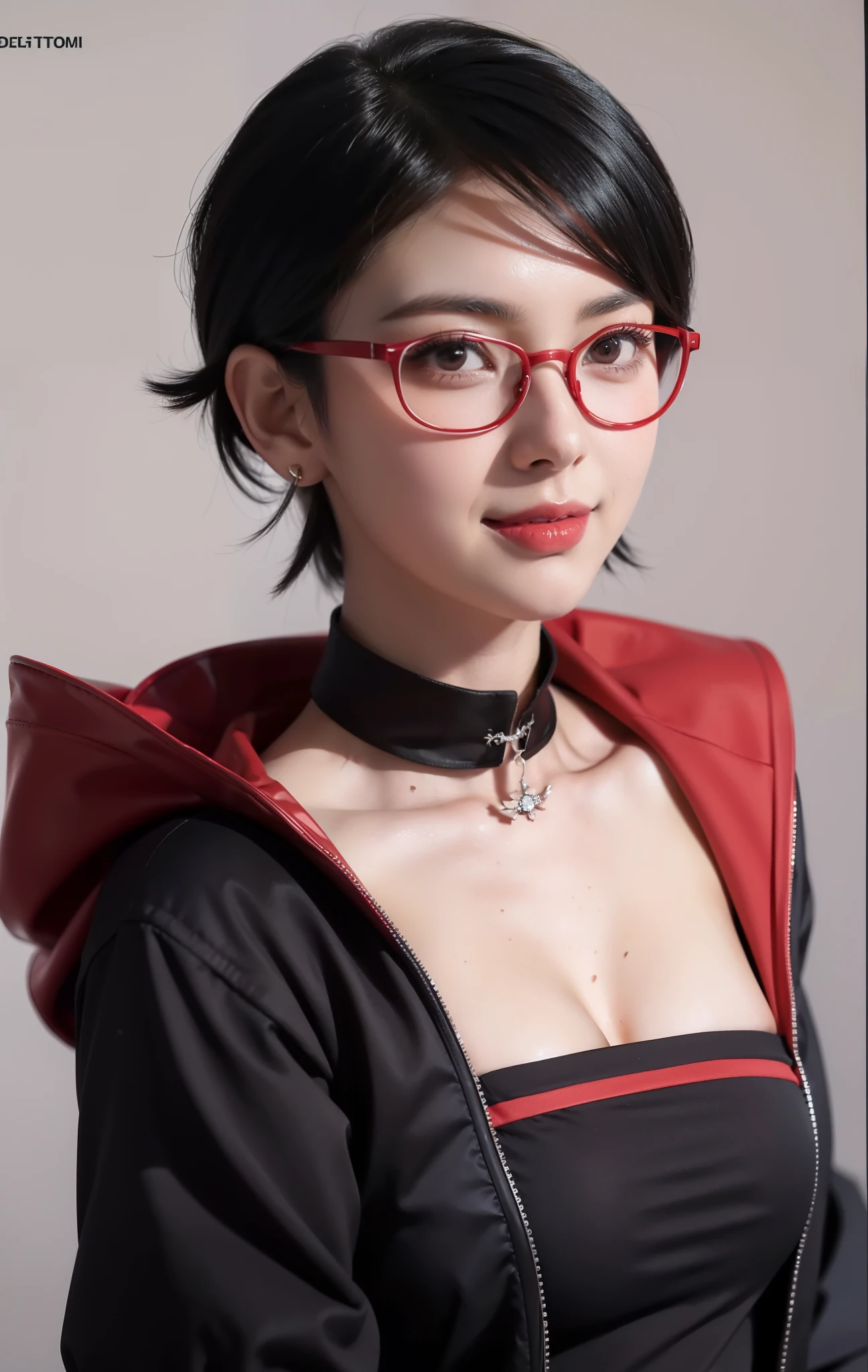 1girl, sarada uchiha in anime boruto, short hair, black hair, red eyes, smile, beautiful, sexy dress, sexy clothes, red clothes, wear red glasses, very big breast, realistic clothes, detail clothes, outdoor background, ultra detail, realistic