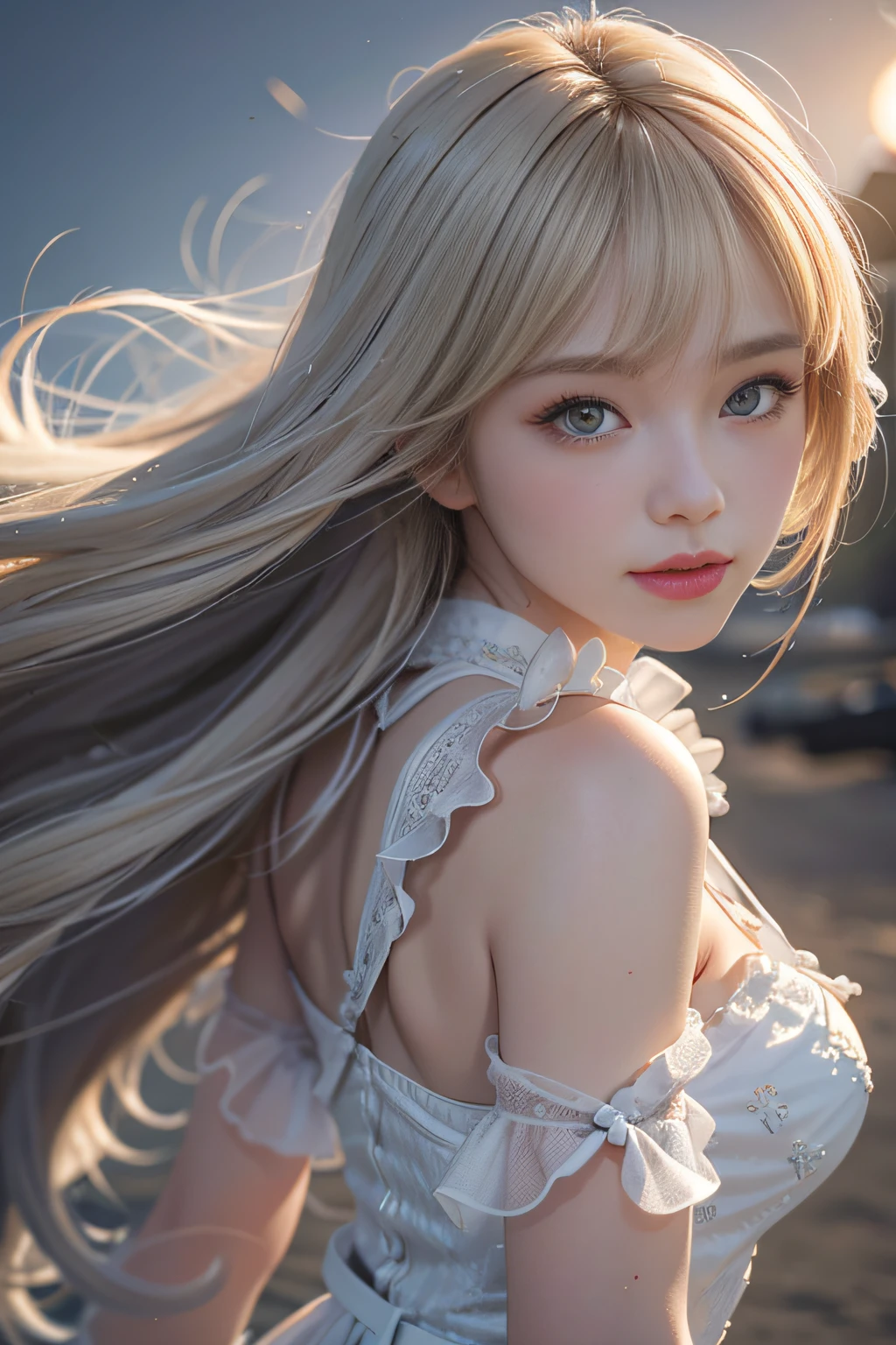 1girl in, Blonde hair, Grey Hair, Long hair, Bangs, Sparkling eyes, longeyelashes, PUPILS SPARKLING, makeup, Smile, depth of fields, From below, silhuette, ???????????, Wide Shot, wide angles, ultra wide-angle,、 F/1.8, 135 mm, canon, nffsw, retinas, masutepiece, ccurate, Anatomically correct, Textured skin, Super Detail, high details, High quality, Best Quality, hight resolution, 1080p, hard disk, 4K, 8K、（Woman walking on the beach at sunset）Backlit silhouette、(Translucent white dress),((I can see the silhouette of my body through the light)),(Hair fluttering in the wind)、（Skirt soars in the wind)、