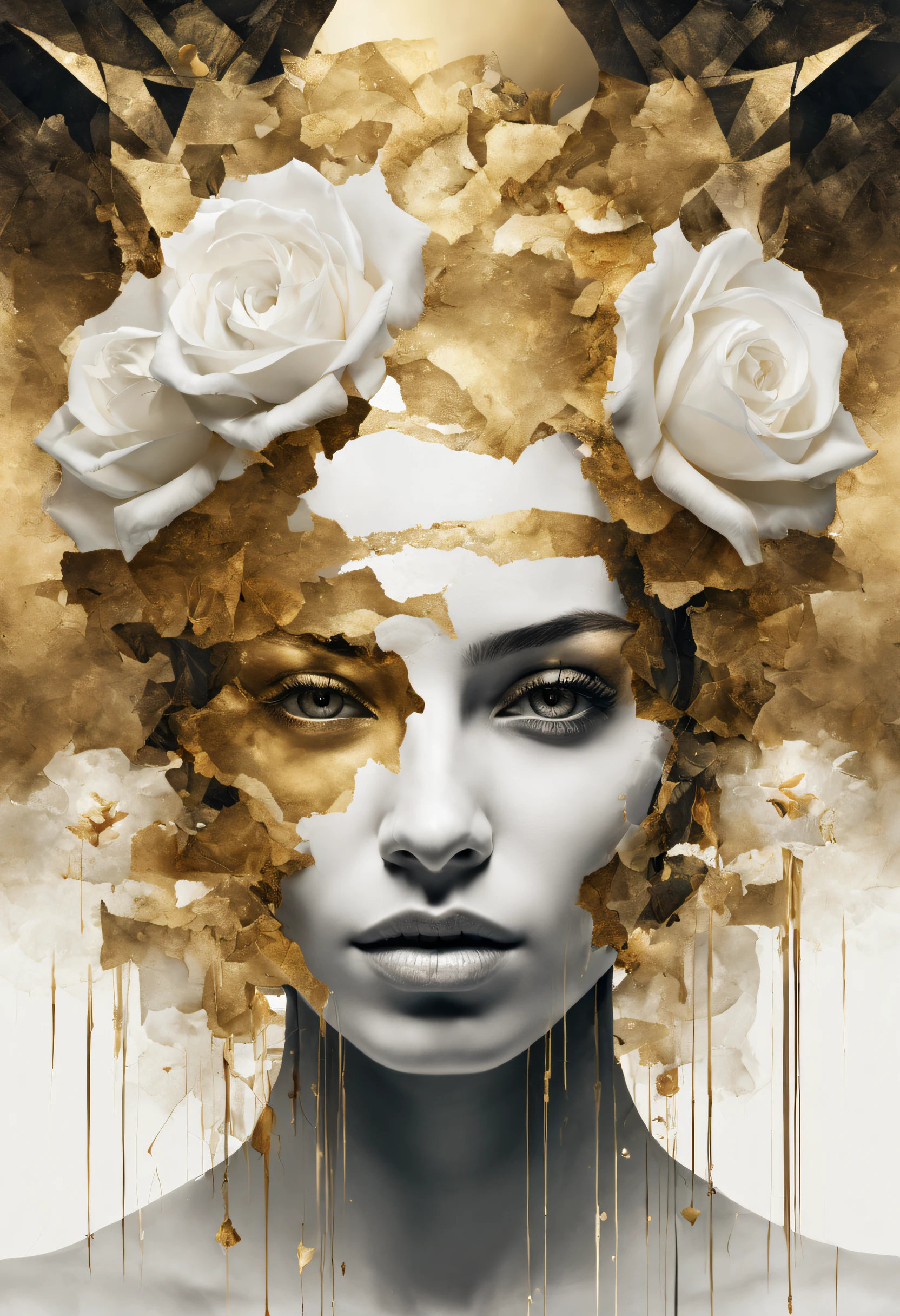 golden, ultra detailed artistic abstract photography of geometrical woman face, Beautiful white rose flower on the seashore, sunny day, white cumulus clouds, detailed symmetric circular iris, shattered paper fragments, natural body posture, art by alberto seveso, by guy denning, by johannes itten, by russ mills, by gustav klimt, Symmetrical, abstract art style, intricate complex watercolor painting, sharp eyes, Digital painting, color explosion, radiance, colorful, Concept art, volumetric lighting, metallic reflections, 8k, by artgerm, Trending on Artstation, 16k resolution, 300 dpi, 600 dpi, 4k, Contest winner, High definition, golden eyes
, detailed, realistic, 8k uhd, high quality