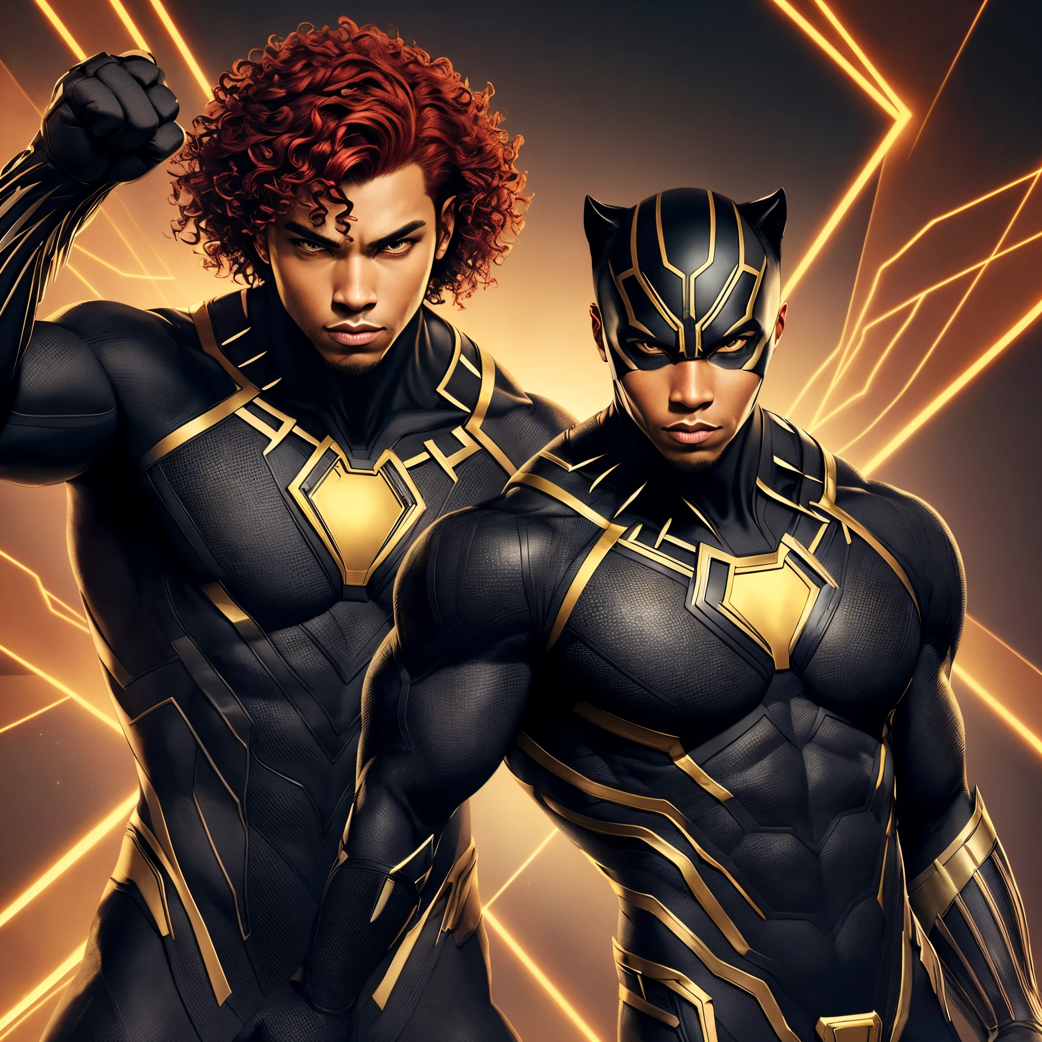 Super hero man with a mix between Black Panther and Black Widow with red hair, black skin, curly hair and muscular brown eyes, black suit with golden lines, panther ears