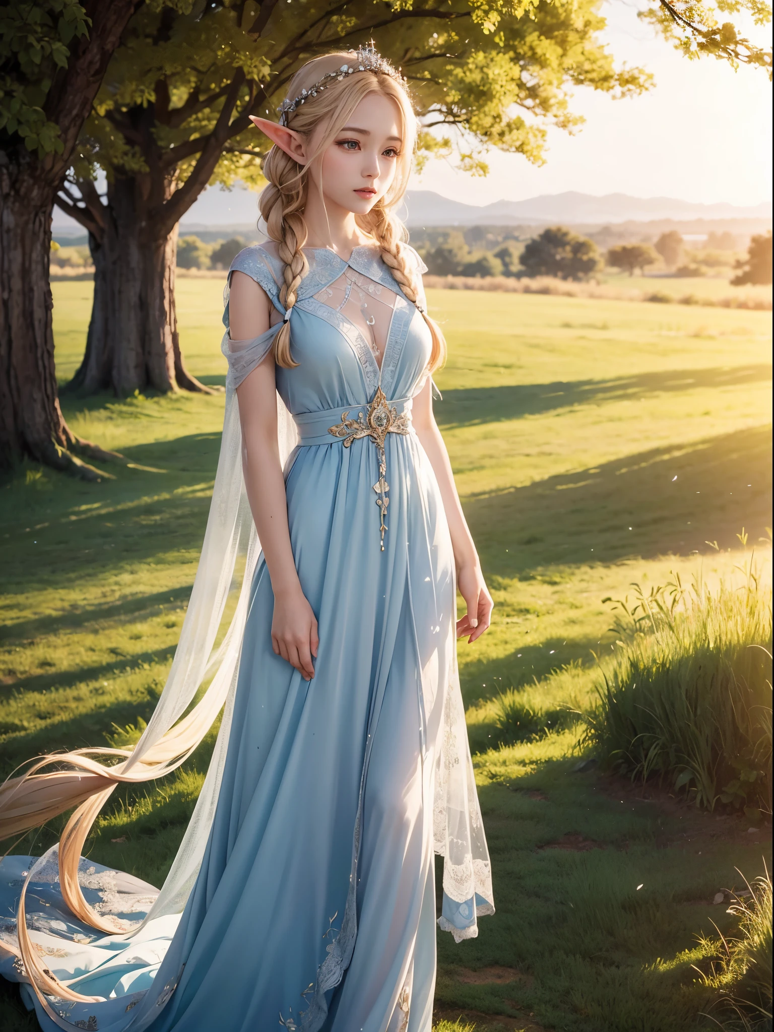 Graceful elven girl standing in meadow, Delicate face illuminated by the soft light of the setting sun. Her long, Flowing hair runs down your back, Decorated with intricate braids、Adorned with sparkling gemstones. This great photo is、、、It captures the ethereal beauty of elves. Slender figure in silk dress、Swaying in the soft steppe breeze. Attention to detail、Face that is、Face that is、Face that is、Face that is、Face that is、Face that is、Face that is、Face that is、It is evident in the intricate patterns of the dress and the subtle highlights of the luminescence. skin. The breathtaking portrayal of the elven girl is、、、、、、、、、Create an enchanting atmosphere、It invites the viewer to a magical world.