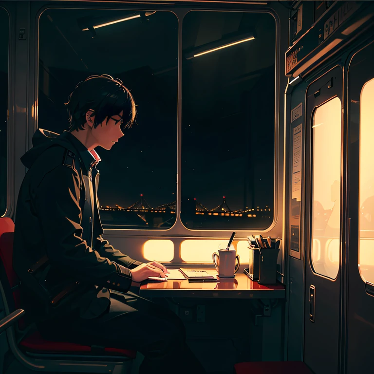 big window of night train, Look into the darkness outside, sitting in the seat, write on the window with your finger, One Man