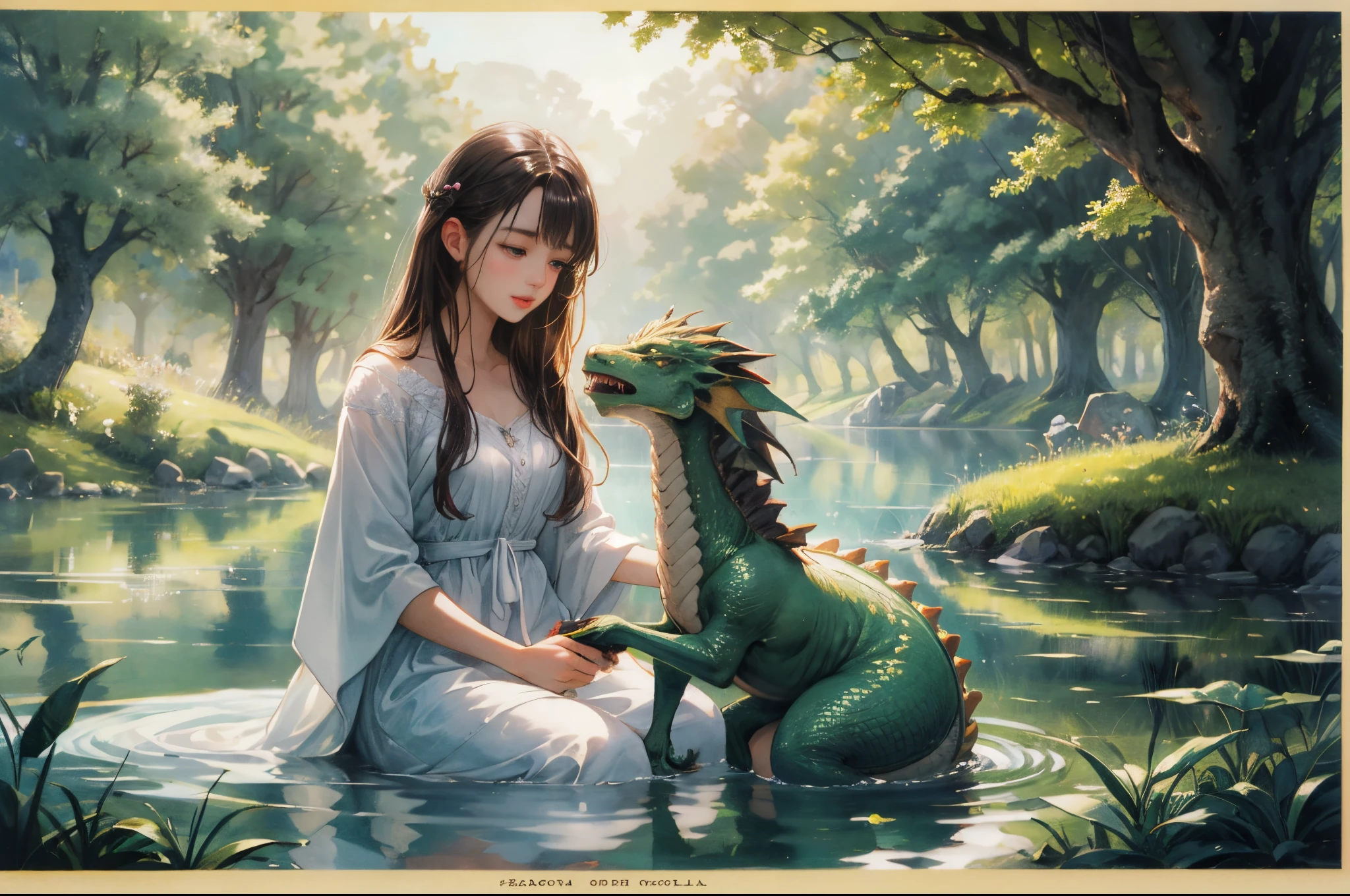 cover page, anime key visual, highres, top quality, best quality, paid reward available, High-quality illustrations, unparalleled masterpiece, perfect artwork, absurdres, Gentle scene, animated style, young girl, tenderly petting, head, body, newly hatched, baby dragon, lush forest, dense, lake, enchantment, magic, strong bond, friendship, rich colors, vibrant, magical environment, forest, lake, soft lighting, dappled, dreamlike, peaceful atmosphere, cinematic lighting,
