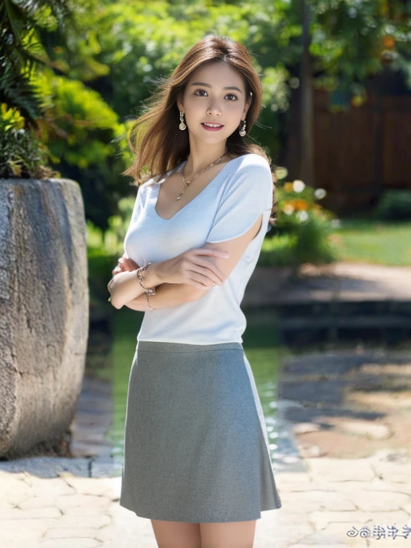 arafed asian woman in a skirt posing for a picture, close up half body shot, Soft Detail, wearing two silver bracelets, wearing two silver bracelets!, upper body closeup, Soft natural lighting, wearing v - neck top, white shirt and grey skirt, side portrait imagery, close body shot, soft backlight, wearing white v - neck top