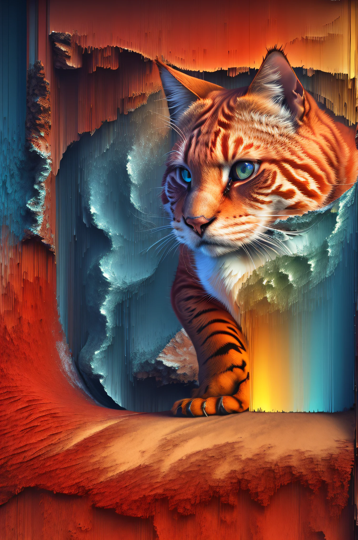 pixel sorting, a very beautiful fat red cat Garfield appeared in the eternal stream of eternal data, flowing through an endless loop of light scattering in a world of chaotic wave-like optical illusions, heavenly outer world, LUT, HDR, dramatic light, digital art, redshift rendering, ray traced images, Behance HD