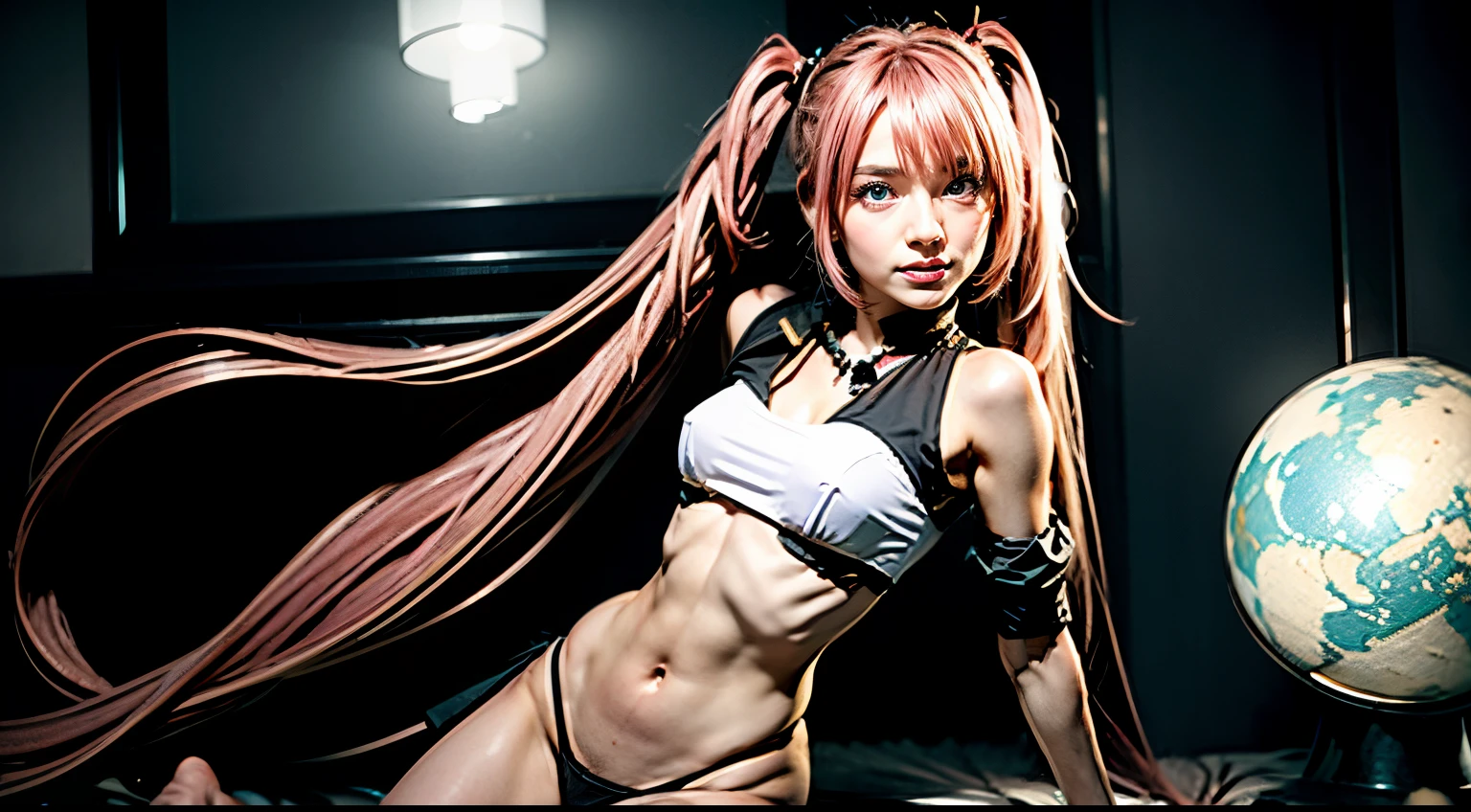 best quality, masterpiece, 1girl, (solo:1.1), raytracing, ultra detailed,detailed face, 8k wallpaper, small breasts, (wide hips:0.8), smile, MilimNavaNDV, pink hair, very long hair, twintail, black panties, hair between eyes, ahoge, blue eyes, looking at viewer, asymmetrical legwear, thighhighs, collarbone, single