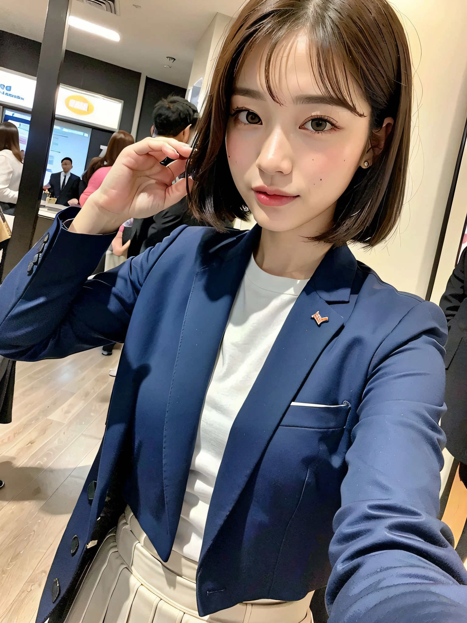 (8K、Raw photography、top-quality、masuter piece:1.2)、ultra-detailliert、ultra res、(realisitic、rialistic photo:1.37)、portlate、high-definition RAW color photography、Professional Photography、highly detailed and beautiful、ighly detailed、8K Picture Wallpaper、amazing detailed、huge filesize、Official art、Highly detailed CG Unity 8K wallpapers、highly detailed beautiful girl、extra detailed face、extremely detailed eye、highlydetailed skin、extremely detailed fingers、highly detailed nose、very detailed detailed mouth、Perfect Anatomy、highly detailed back ground、Highly detailed clothing、女の子 1 人、(18:1.2)、Teen、Cute little girl s、famous Japan idol、cute little、Realistic body、小柄、de pele branca、glistning skin、Slim body、Handsome body、brown haired、Short curly hair、(Blunt bangs:1.2)、A smile、kawaii、zora々Right、kawaii faces、Lifelike face、Delicat eyes、Sauce order、White shirt、skirt by the、耳Nipple Ring、Looking at the camera、cowboy shot、front facing、Contrapo, high street, 动态照明,((((suits))))、s Office