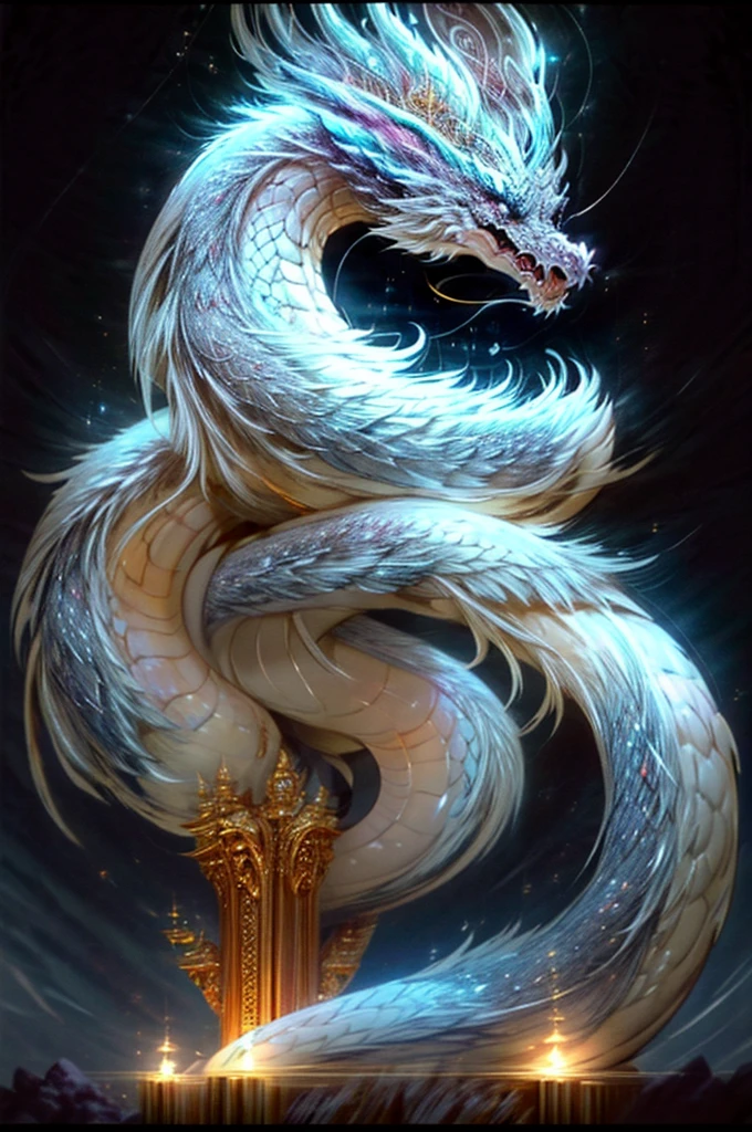 Dracara is an ancient magical dragon that displays resplendent, escamas douradas que captam a luz magnificamente.. Your eyes are like centuries-old sapphires, emanando uma luz intensa. Chifres imponentes esculpidos com runas antigas, Com uma envergadura majestosa, Dracara has wings that extend with grandeur. Her wing membranes are marked with magical patterns that glow when she channels her power.... Garras afiadas e poderosas destacam-se nas extremidades de suas patas, A flaming mane runs along Dracara&#39;Neck strap, emanating magical heat. The flames are in a variety of colors, Dracara&#39;the tail is elegant, com uma ponta de cristal que irradia uma luminosidade suave.