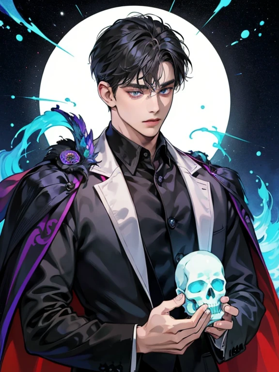 1boy,10 talents、(Man's :2) ,Handsome boy,A dark-haired , fringe hairstyle、(Upper body:1.5)、suit、mid night 、ink and watercolor painting, dark ilumination、hightquality、masterpiece,8K, fringe hairstyle, warlock outfit, black cape, white shirt, blue eyes, background: demonic magic, holding a skull in his hand