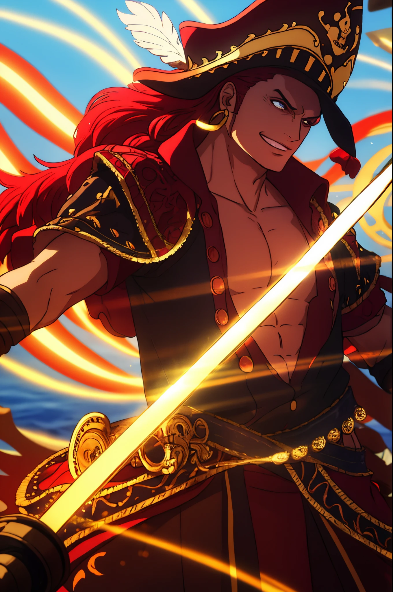 (best quality,4k,8k,Altas,master part:1.2),ultra-detalhado,(Realistic,fotorrealista,photo-realistic:1.37),Homem de 30 anos,red hair,olhos verde-esmeralda,maxilar afiado,strong facial features,red captain hat,long ponytail with complex braids,red pirate outfit with gold ornaments and buttons,green feather details on hat and clothing,brincos de argola de ouro,Sorriso confiante,olhar penetrante,Black Cimitar in your hand,handle decorated with complex engravings,shining blade emanating an aura of danger,pose impressionante com uma perna ligeiramente levantada,postura orgulhosa,plano de fundo de um navio pirata navegando em mares tempestuosos,Dramatic lighting with dark shadows and highlights,atmosfera mal-humorada,vivid colors,Efeitos bokeh,artistic representation similar to an oil painting.