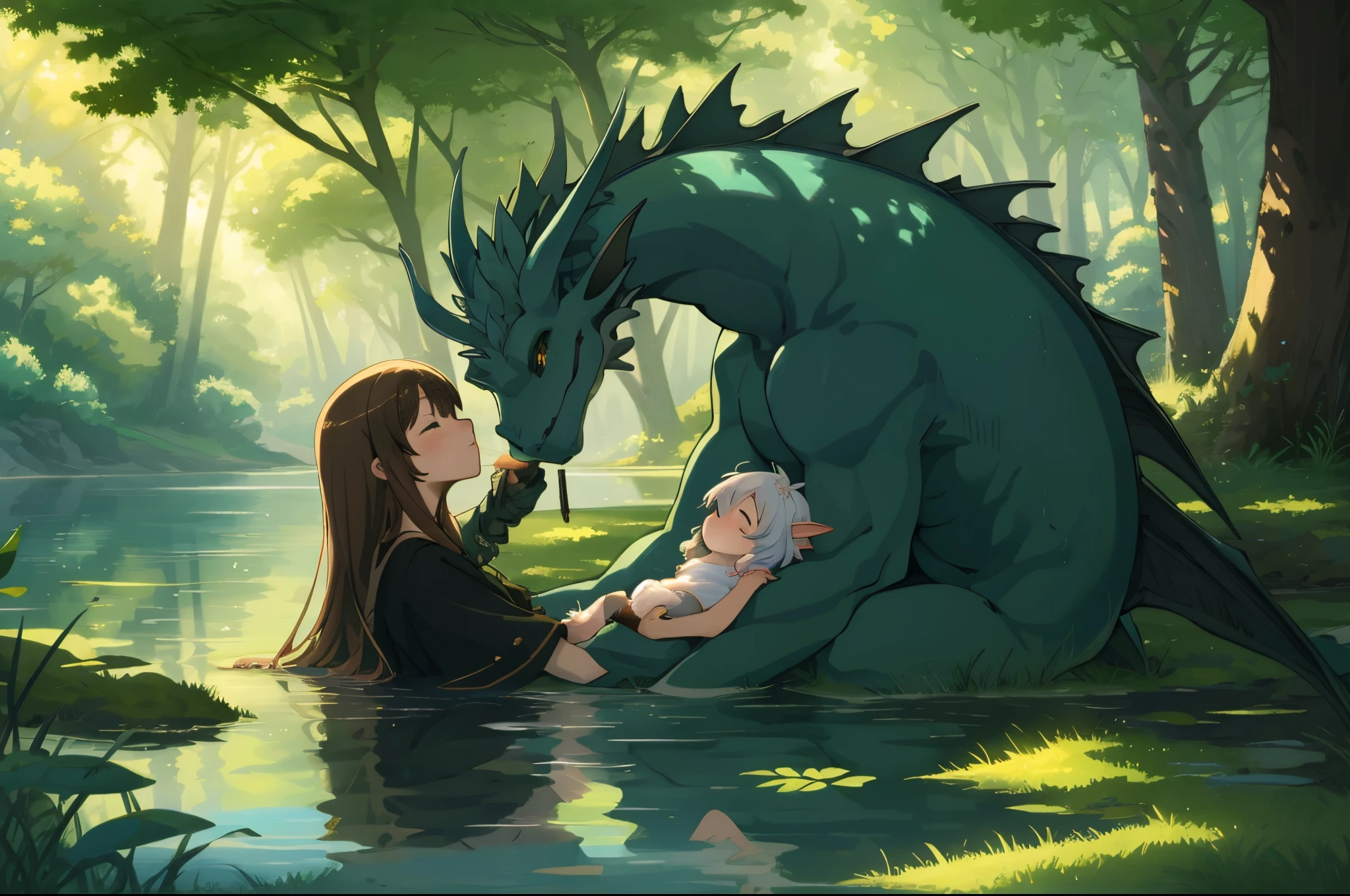 cover page, anime key visual, highres, top quality, best quality, paid reward available, High-quality illustrations, unparalleled masterpiece, perfect artwork, absurdres, Gentle scene, animated style, young girl, tenderly petting, head, body, newly hatched, dragon, lush forest, dense, lake, enchantment, magic, strong bond, friendship, rich colors, vibrant, magical environment, forest, lake, soft lighting, dappled, dreamlike, peaceful atmosphere, cinematic lighting,